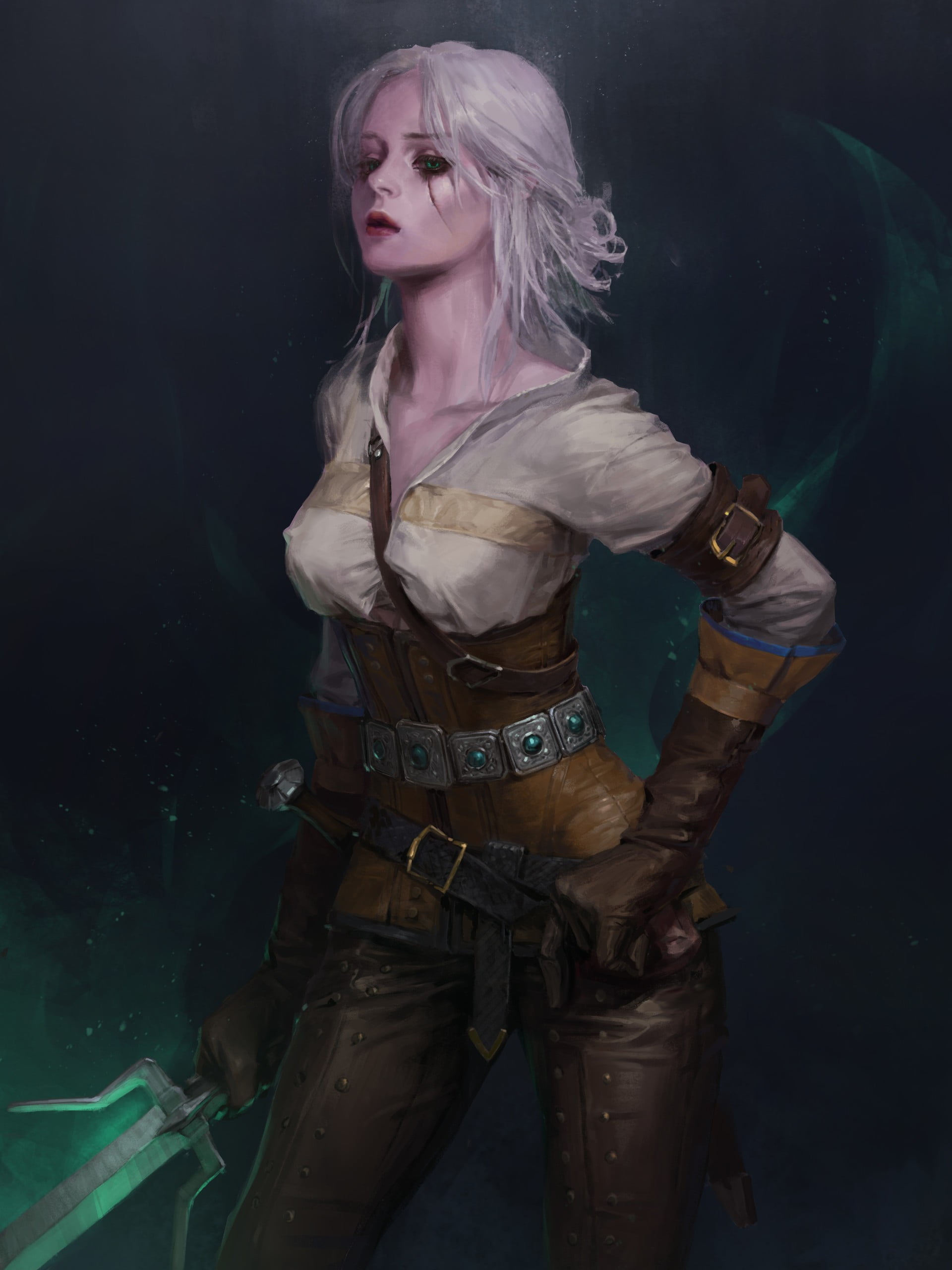 fantasy girl, looking, indoors, hair, weapon, witcher, 2K, casual clothing, young adult, fantasy art, black background, contemplation, gun, dyed hair, Phone HD Wallpaper