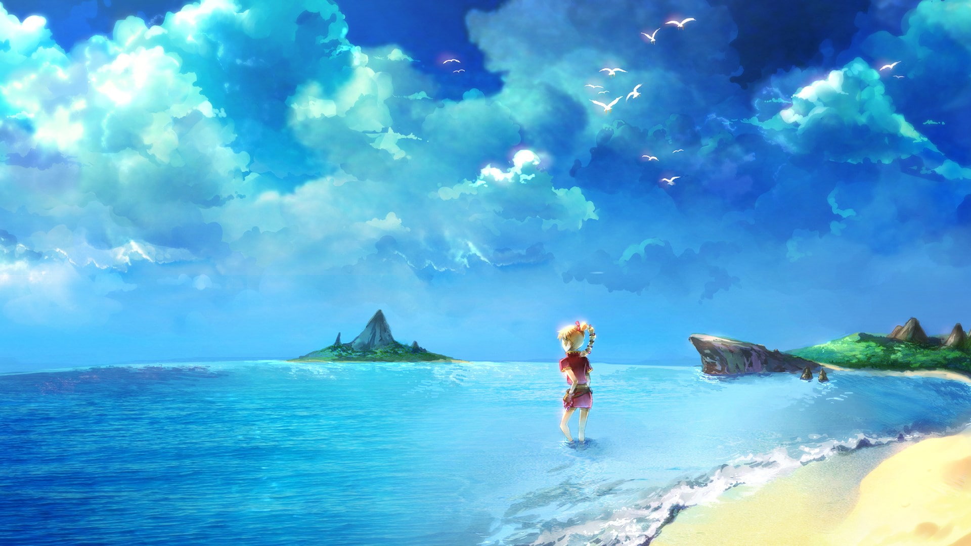 day, turquoise colored, chrono cross, sky, beauty in nature, scenics - nature, holiday, cloud - sky, sea, 1080P, one person, aquatic sport, water, beach, HD Wallpaper