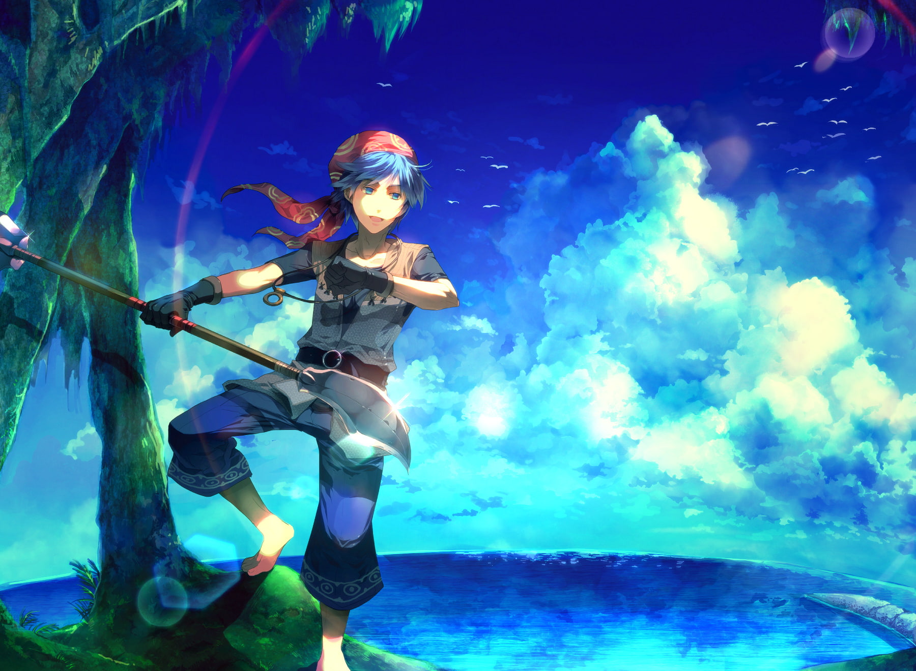 cross, weapon, original, hair, animal, sunakumo, clouds, eyes, gloves, serge, blue, bird, 720P, tree, necklace, chrono, sky, barefoot, water, headdress, HD Wallpaper