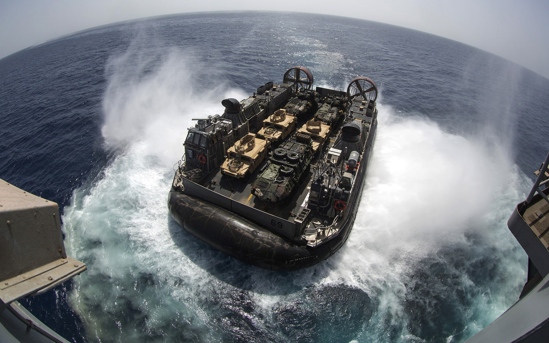 ocean, military, boat, fisheye, 1080P, boats, ships, hovercraft, HD Wallpaper