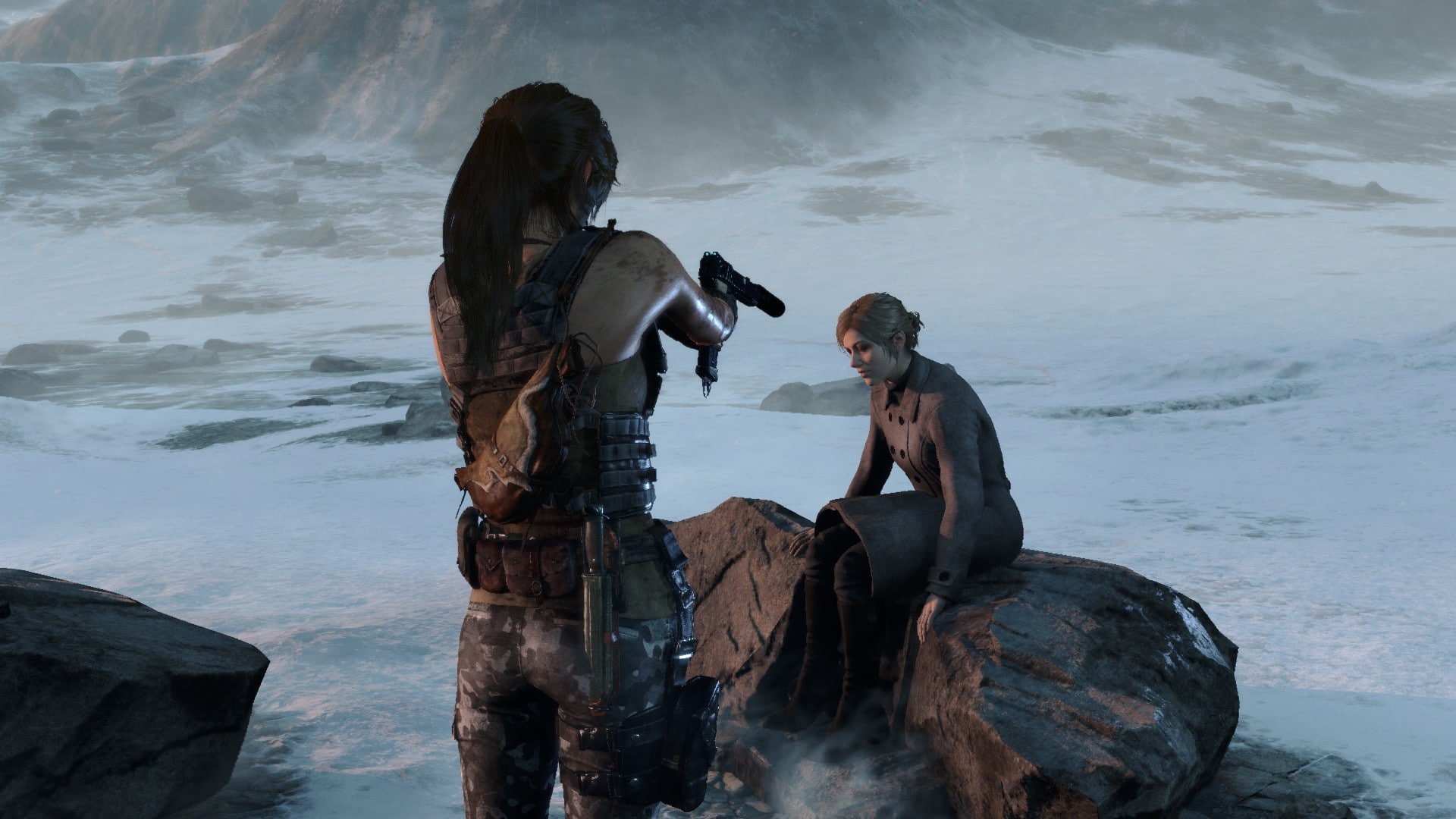 sitting, rock, hairstyle, togetherness, lara croft tomb raider rise of the tomb raider pistol pc gaming ultra settings gtx 980, two people, motion, rock - object, HD Wallpaper