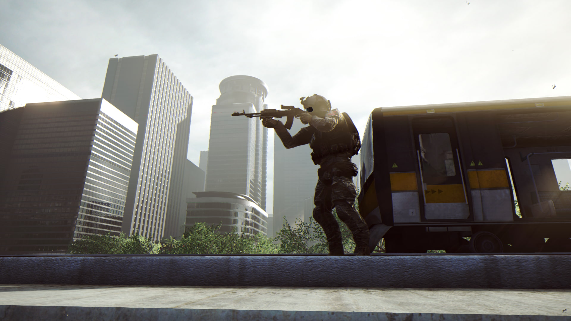 casual clothing, standing, built structure, city, holding, 1080P, adult, Ultra Settings, sunlight, building exterior, men, sky, video games, one person, HD Wallpaper