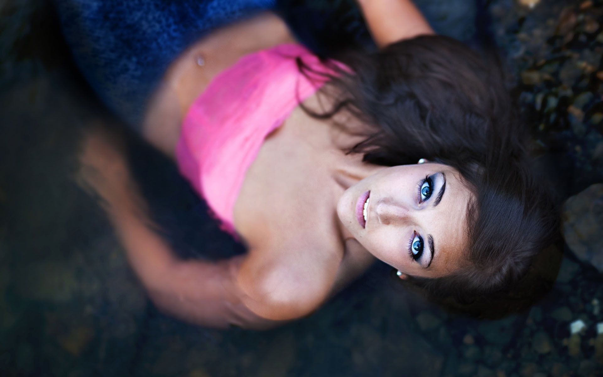 long hair, women, 1080P, brunette, eyeshadow, blue eyes, HD Wallpaper
