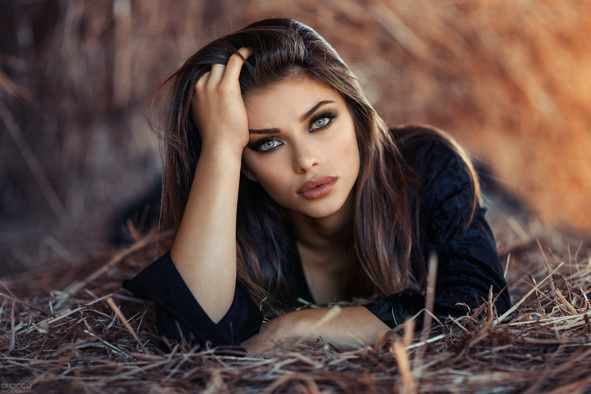 Margherita Sicignano, black clothing, hay, Alessandro Di Cicco, smoky eyes, face, brunette, women, 1080P, women outdoors, blue eyes, bokeh, portrait, juicy, HD Wallpaper