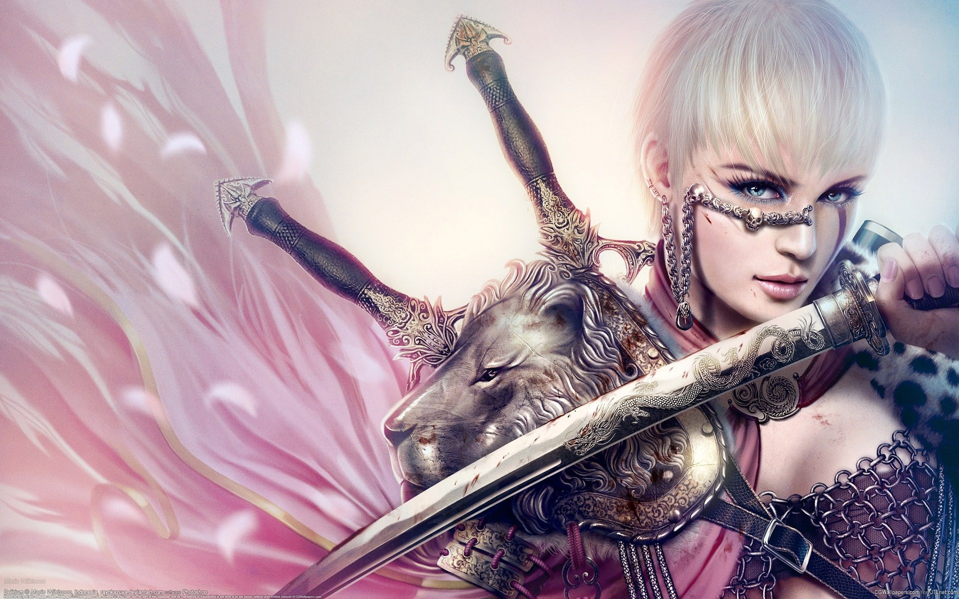 woman, graphic, 1080P, game, wearing, White, haired, holding, armor, Girl, Sword, HD Wallpaper