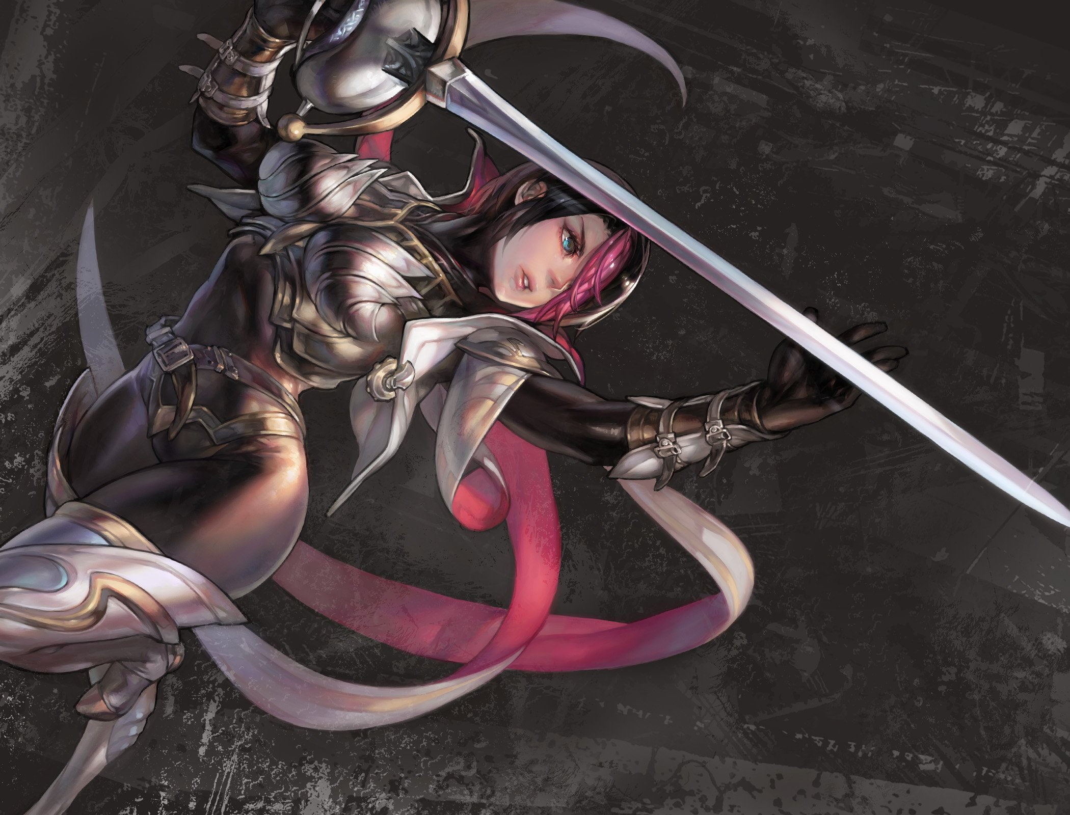 weapon, short, omegaboost, aqua, artifacts, 1080P, aoin, armor, legends, sword, hair, jpeg, black, league, fiora, eyes, pink, HD Wallpaper
