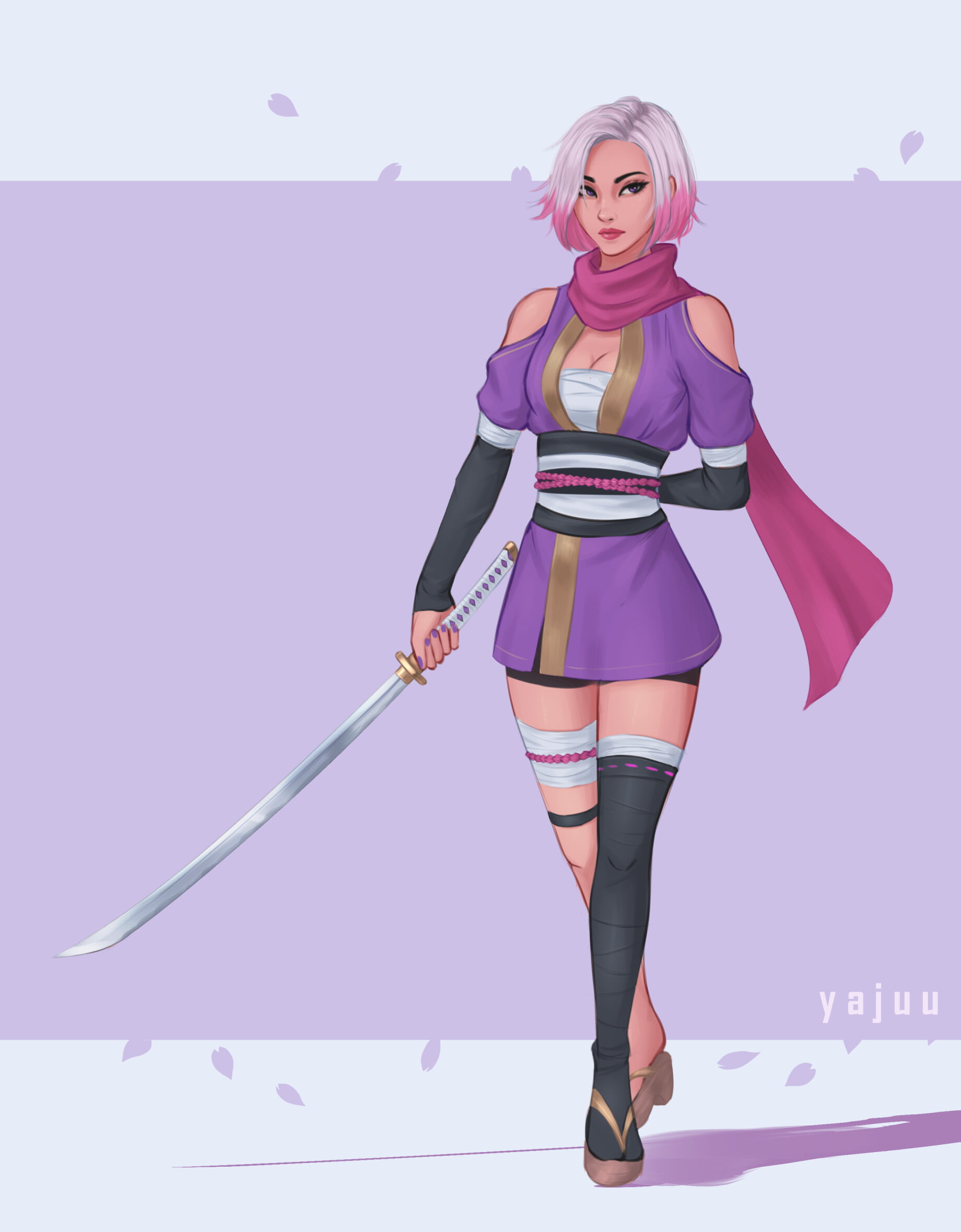 red scarfs, Yajuu, artwork, katana, fan art, illustration, Riot Games, 1080P, video game characters, purple eyes, video games girls, League of Legends, Phone HD Wallpaper