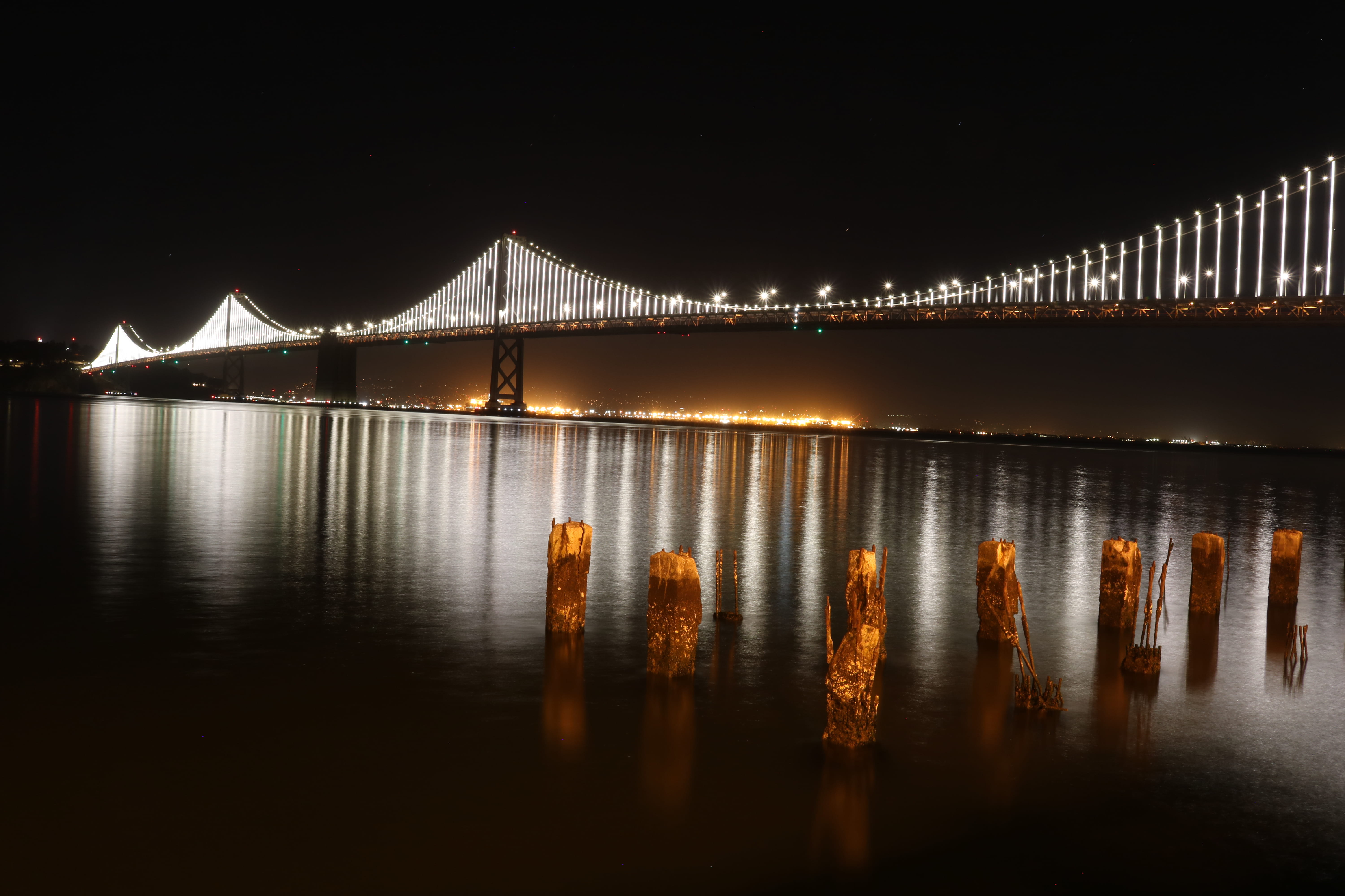 no people, lights, waterfront, water, manhattan, architecture, river, 5K, travel destinations, connection, bay, built structure, francisco, night, transportation, HD Wallpaper