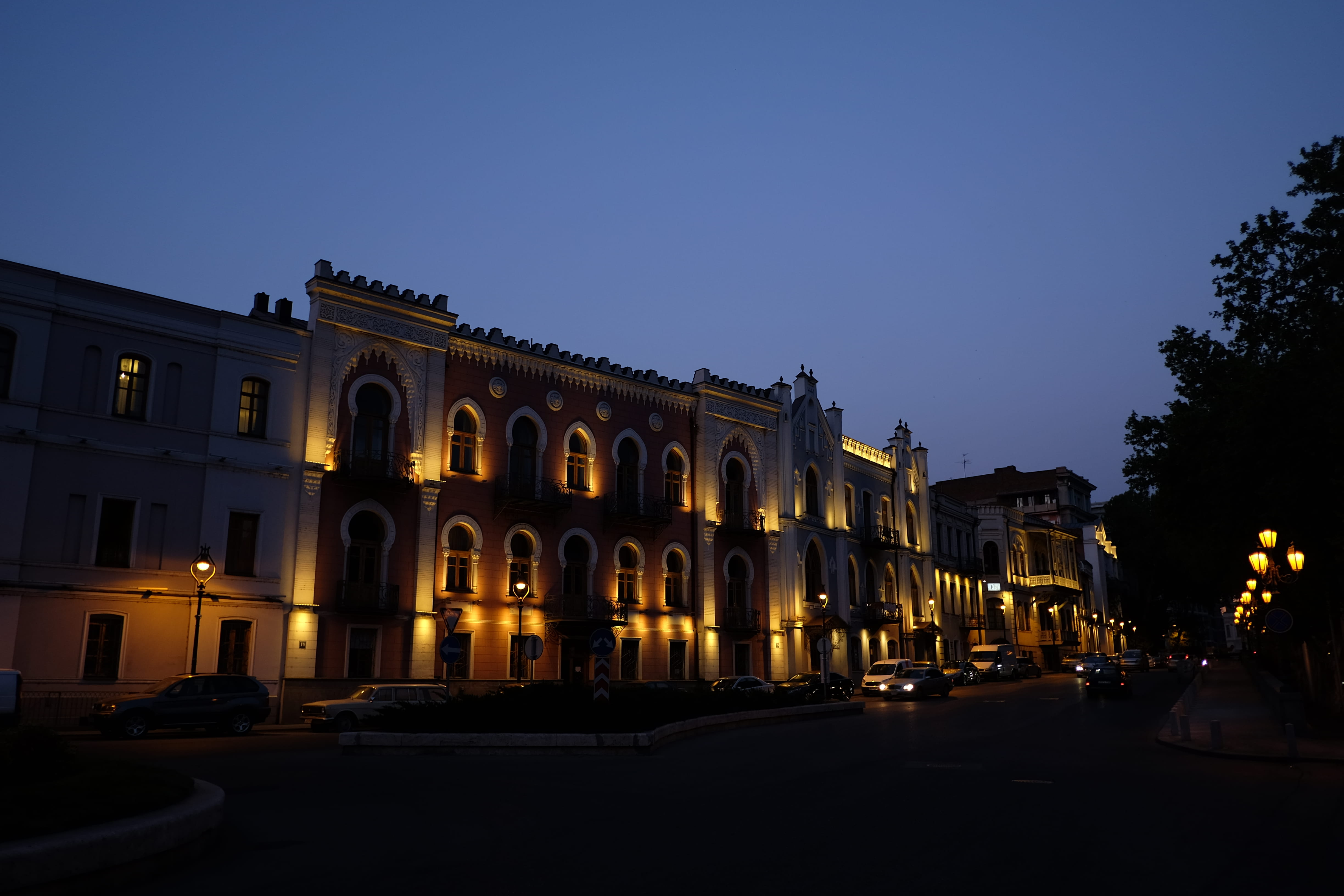 tree, illuminated, building, built structure, clear sky, plant, street, tbilisi, nature, city, building exterior, copy space, 4K, lighting equipment, outdoors, HD Wallpaper
