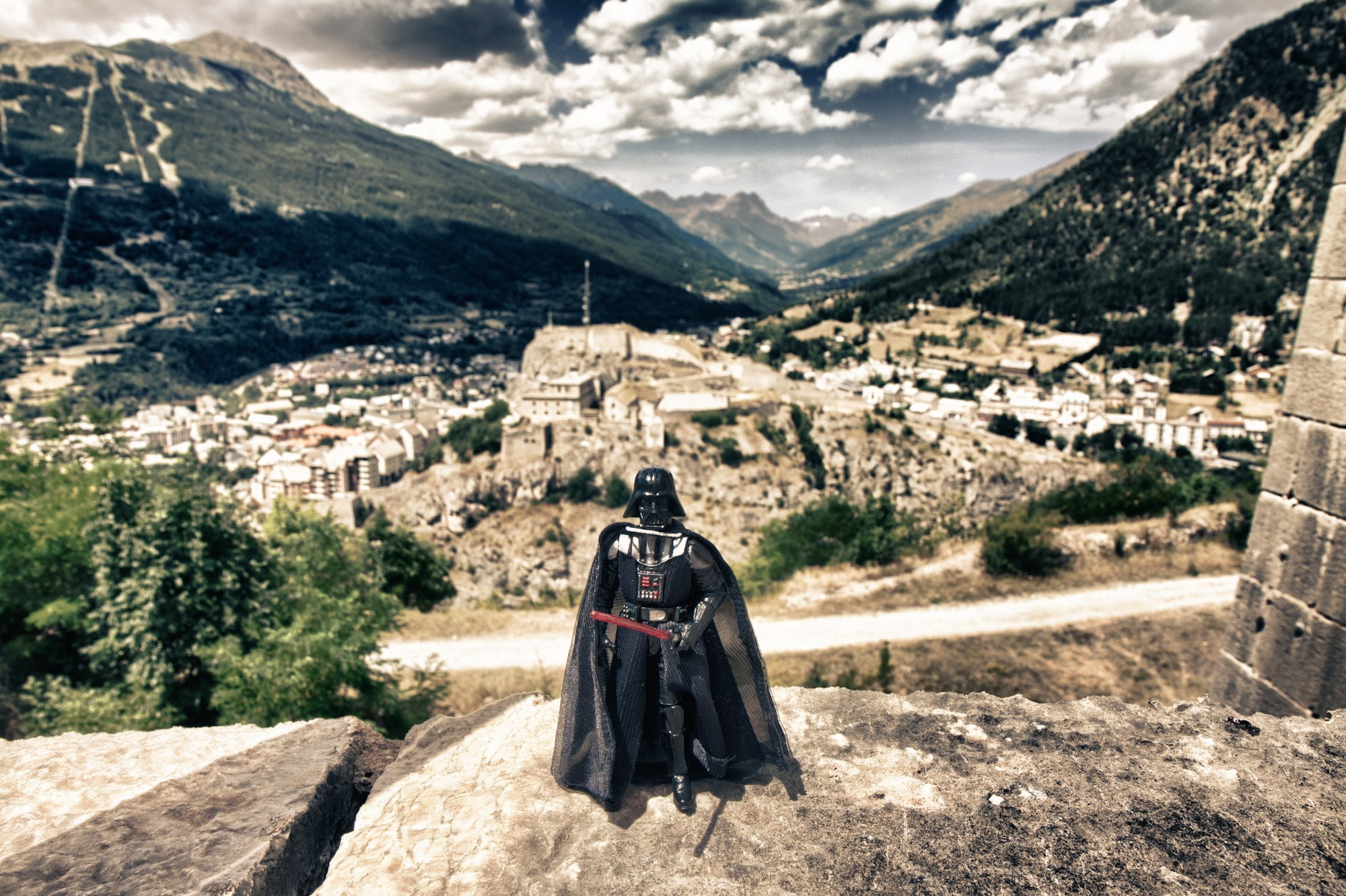 vader, action, figure, Darth Vader, the city, dart, mountains, 1080P, lightsaber, HD Wallpaper