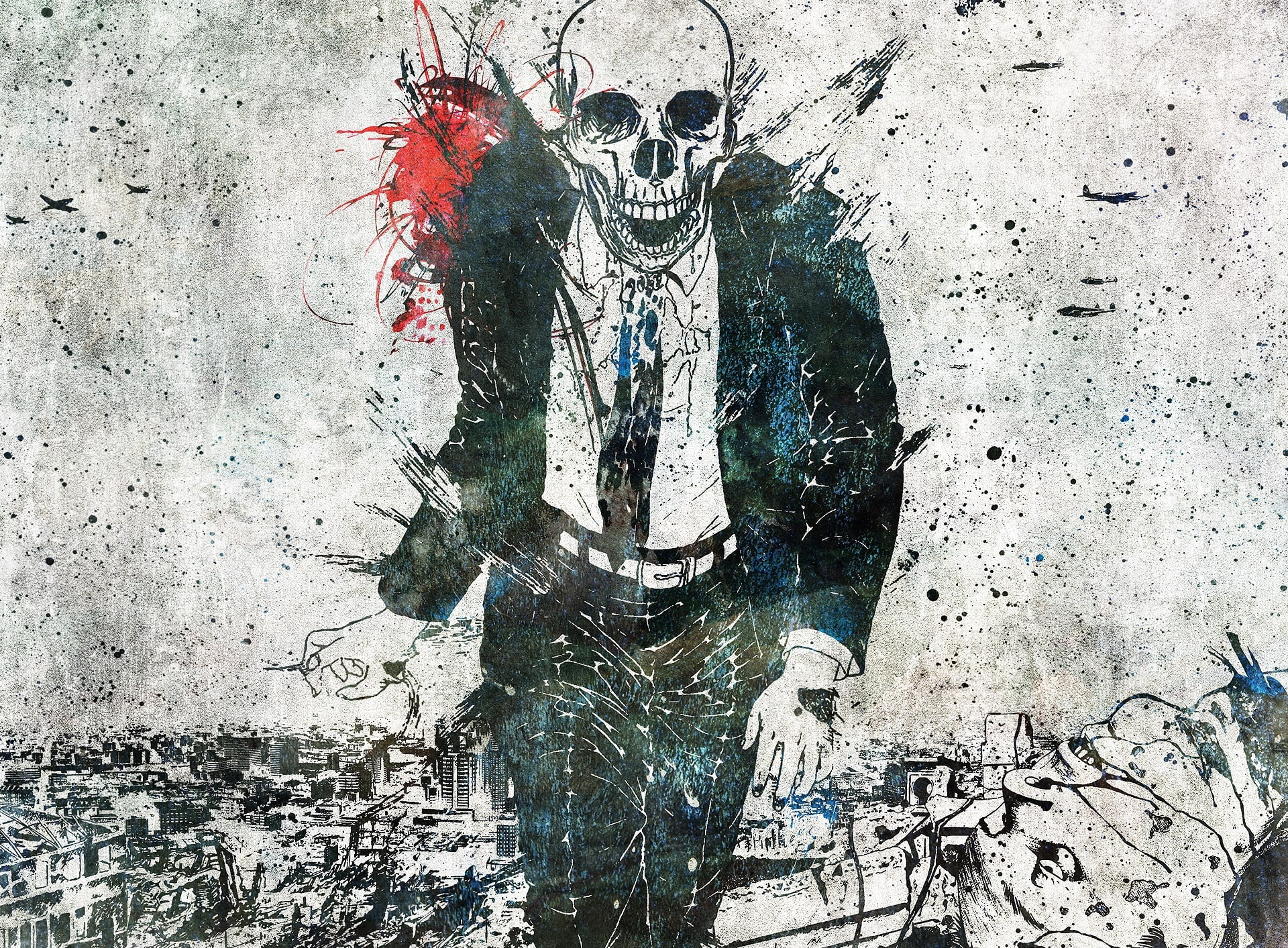 suit, Digital, no people, dead, Spooky, paint, digital composite, built structure, Creepy, art and craft, painting, Dark, creativity, Skull, architecture, HD Wallpaper