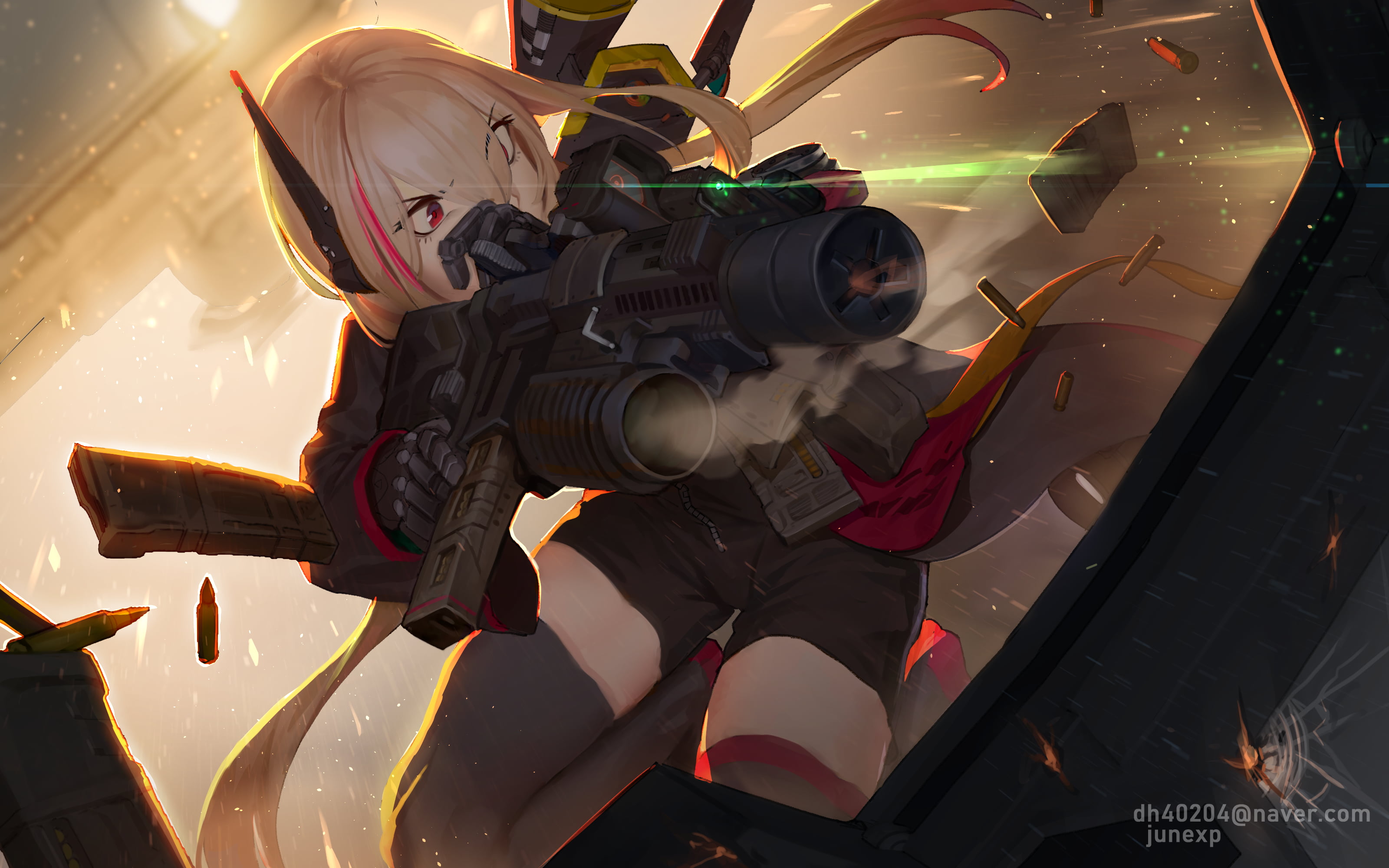 2D, Girls Frontline, bullet, artwork, fantasy girl, JuneXP, video games, drawing, red eyes, blonde, fan art, girls with guns, bangs, anime, digital art, HD Wallpaper