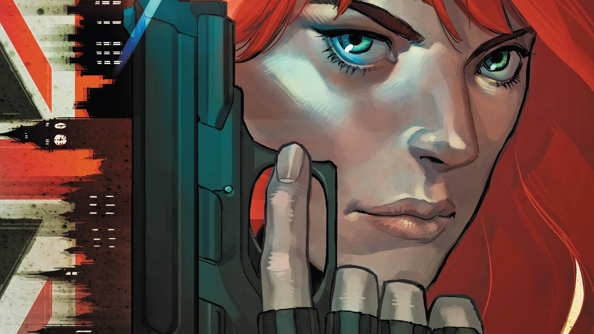 The Avengers, fantasy art, green eyes, weapon, superhero, gun, Avengers, fantasy, 1080P, Marvel Comics, Marvel, Black Widow, comics, artwork, girl, HD Wallpaper