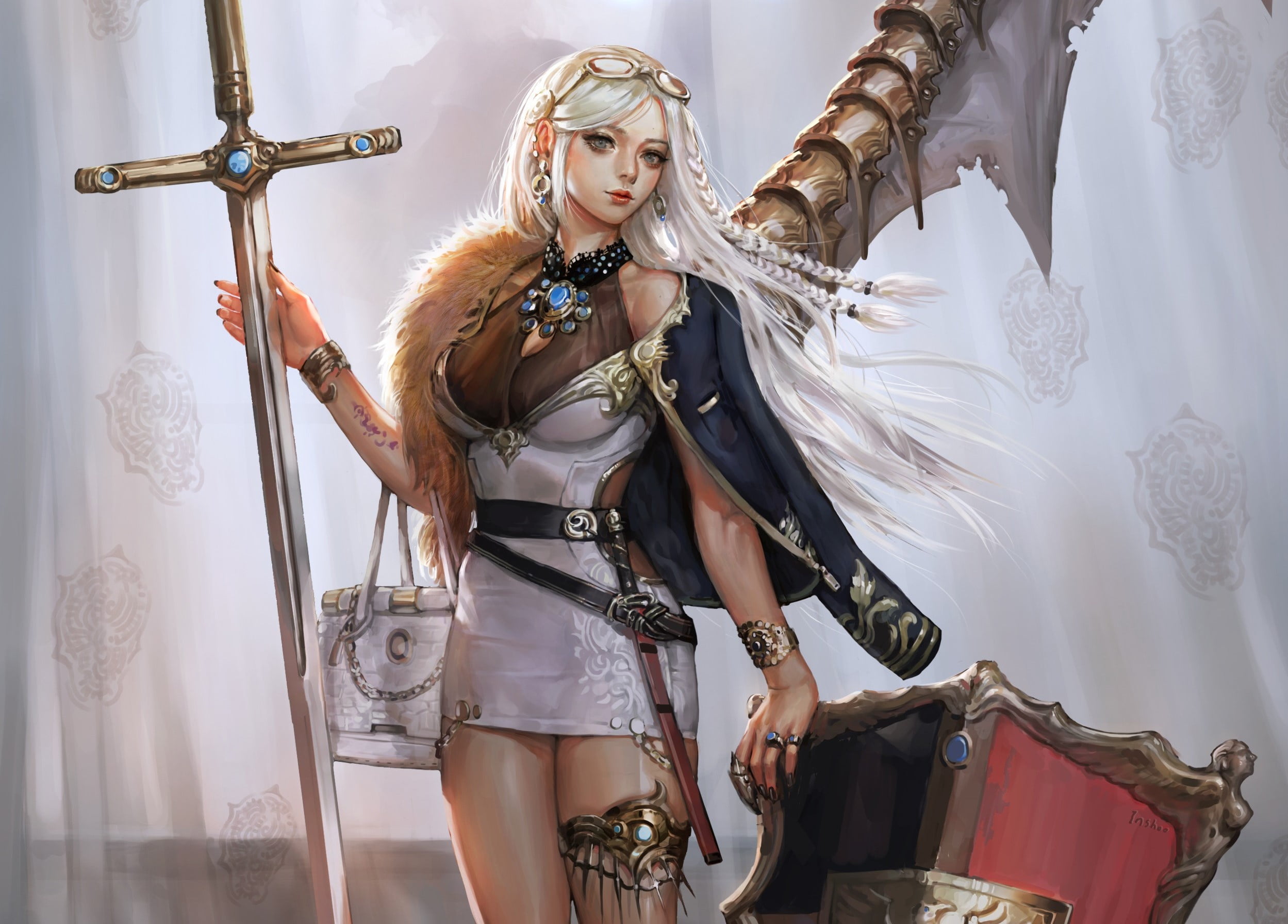 girl, dress, minidress, weapon, blue eyes, 1080P, digital art, fantasy girl, fantasy art, Princess, sword, artwork, blonde, braids, shield, fantasy, HD Wallpaper