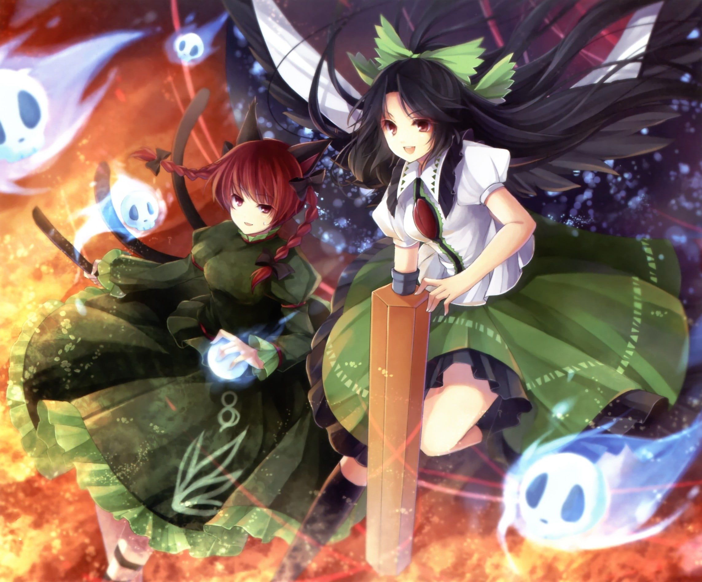 long, girls, braids, wings, hair, animal, ears, skulls, rin, eye, fire, brown, eyes, brunettes, 1080P, red, capes, utsuho, touhou, nekomimi, redheads, HD Wallpaper