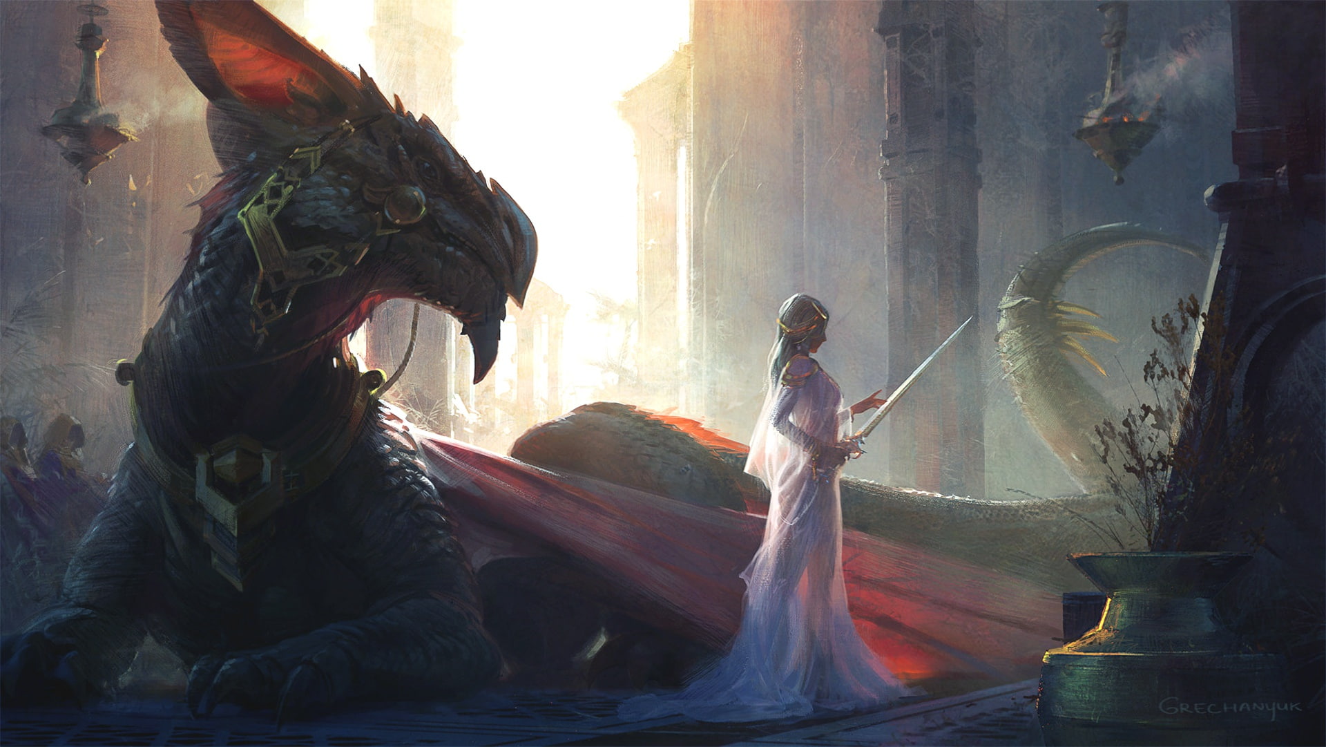 tail, girl, artwork, creature, Princess, dress, wings, dragon, weapon, 1080P, sword, fantasy art, blonde, fantasy, digital art, HD Wallpaper