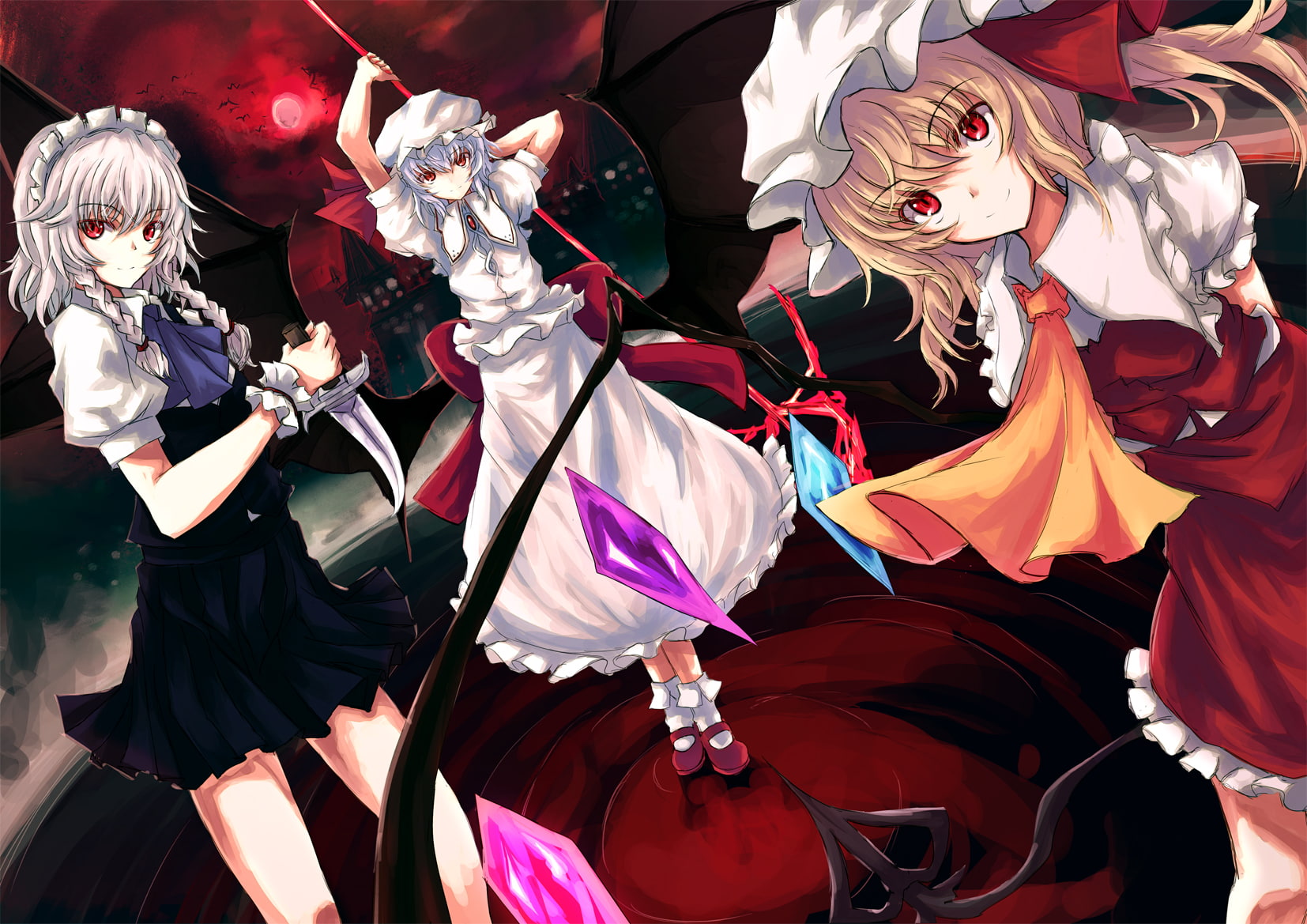 headband, red, bird, maid, weapon, hair, dress, animal, braids, blue, blonde, girls, hat, izayoi, vampire, shii, asagi, spear, moon, eyes, touhou, knife, HD Wallpaper