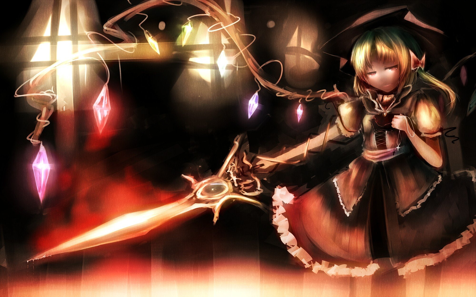 flandre, video, anime, games, 1080P, short, ponytails, glowing, eyes, blondes, weapons, hats, girls, crystals, touhou, vampire, alternate, hair, bows, HD Wallpaper