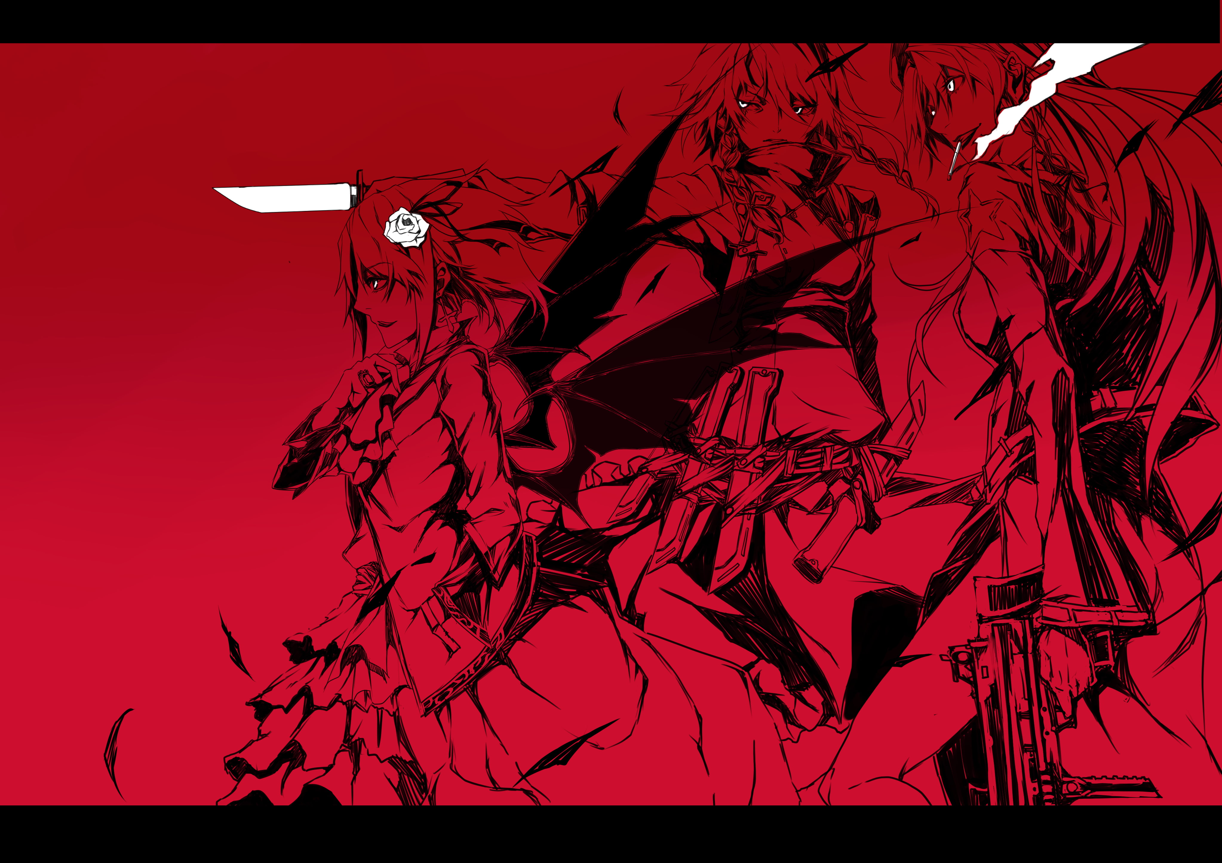 girls, izayoi, scarlet, remilia, dress, weapon, smoking, knife, 4K, vampire, wings, cigarette, meiling, gun, karlwolf, hong, touhou, sakuya, braids, monochrome, HD Wallpaper