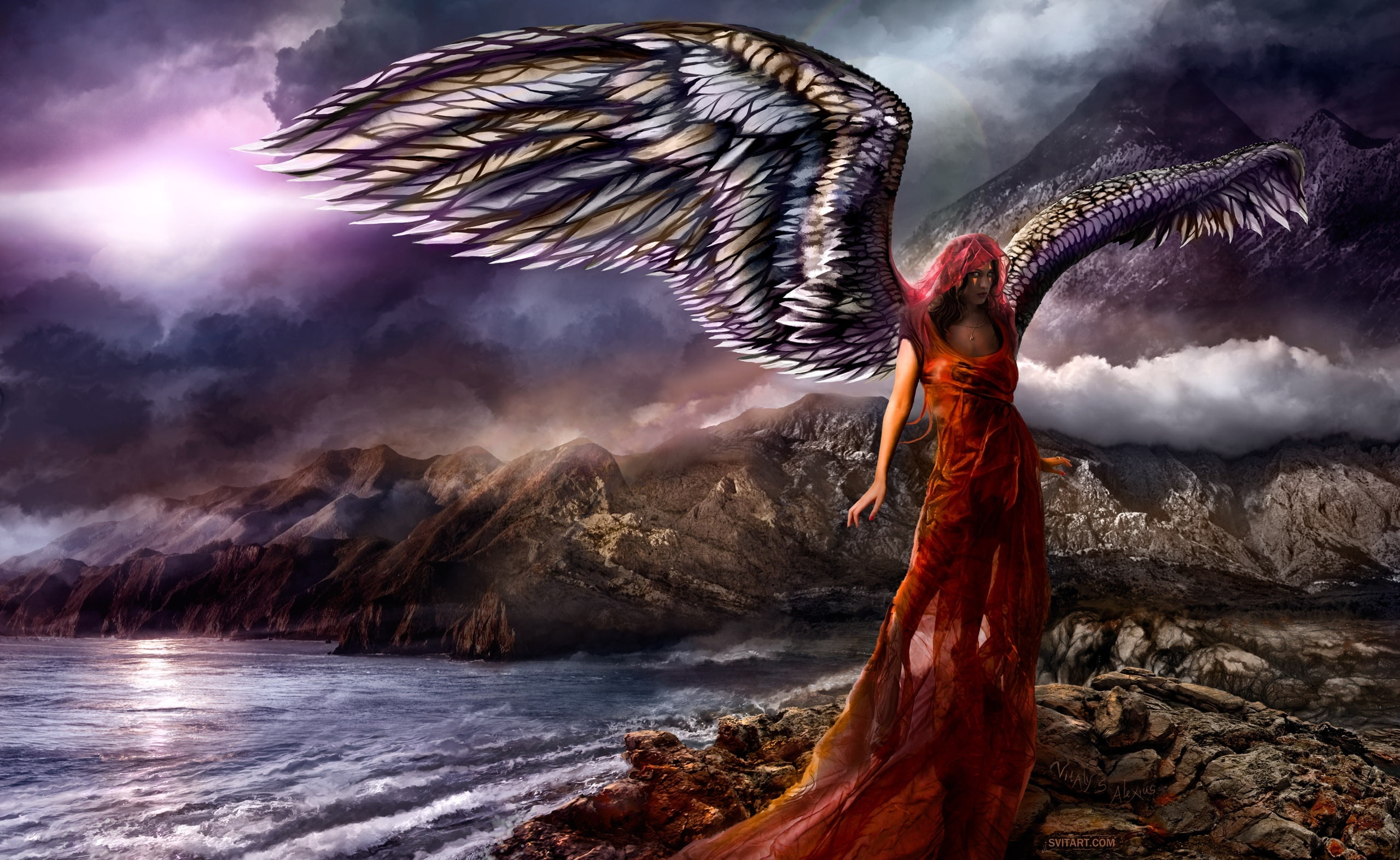 water, animal themes, Artistic, flying, Fantasy, beauty in nature, no people, environment, animal, outdoors, bird, spread wings, 2K, digital composite, HD Wallpaper