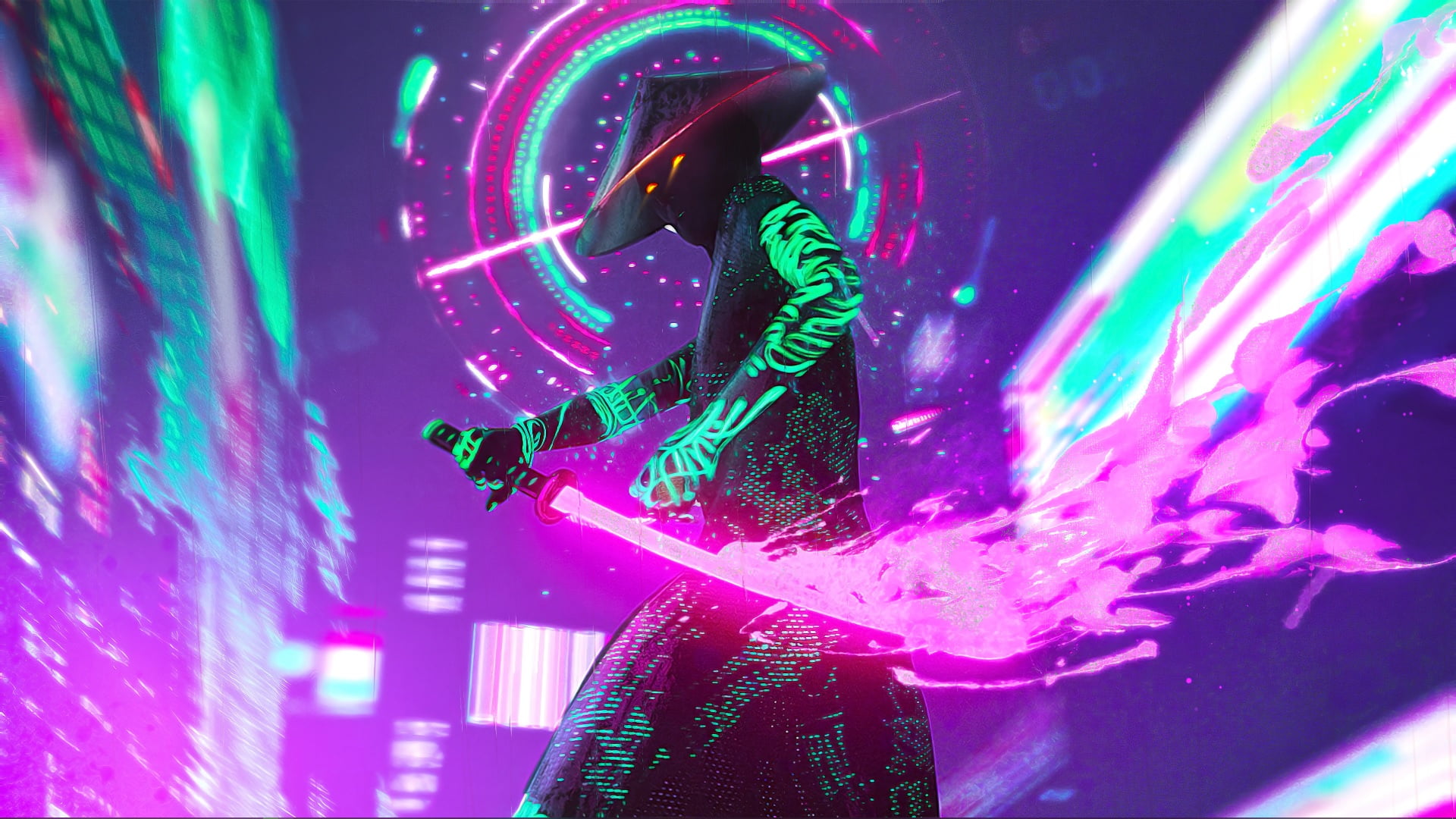 cyberpunk, samurai, neon, 1080P, HD Wallpaper