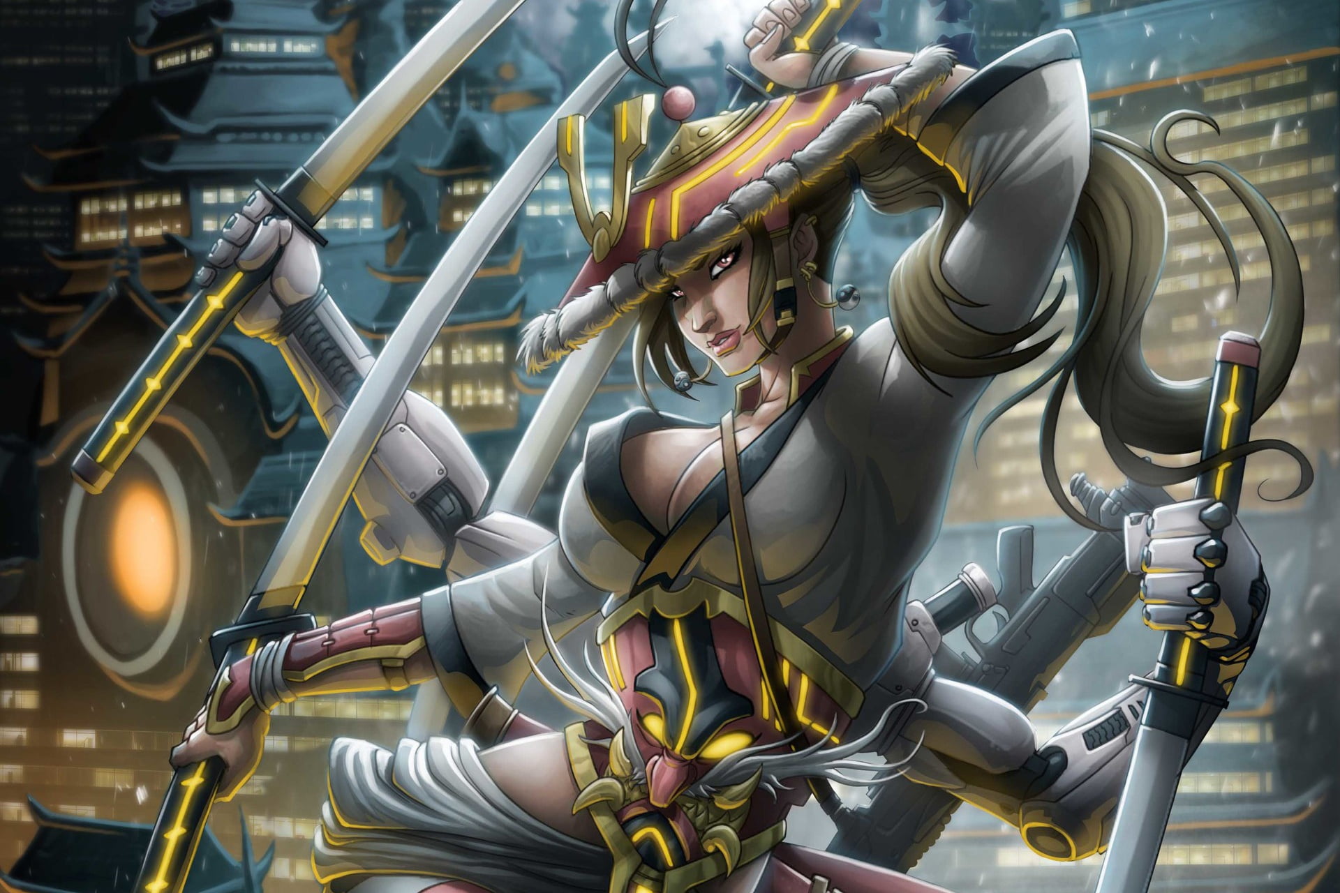 Samurai, Fantasy, Japan, Fiction, Style, Mecha, 1080P, Girl, Hands, Swords, Vinz El Tabanas, Cyberpunk, Armor, Katana, by Vinz El Tabanas, Sword, Samourai, HD Wallpaper