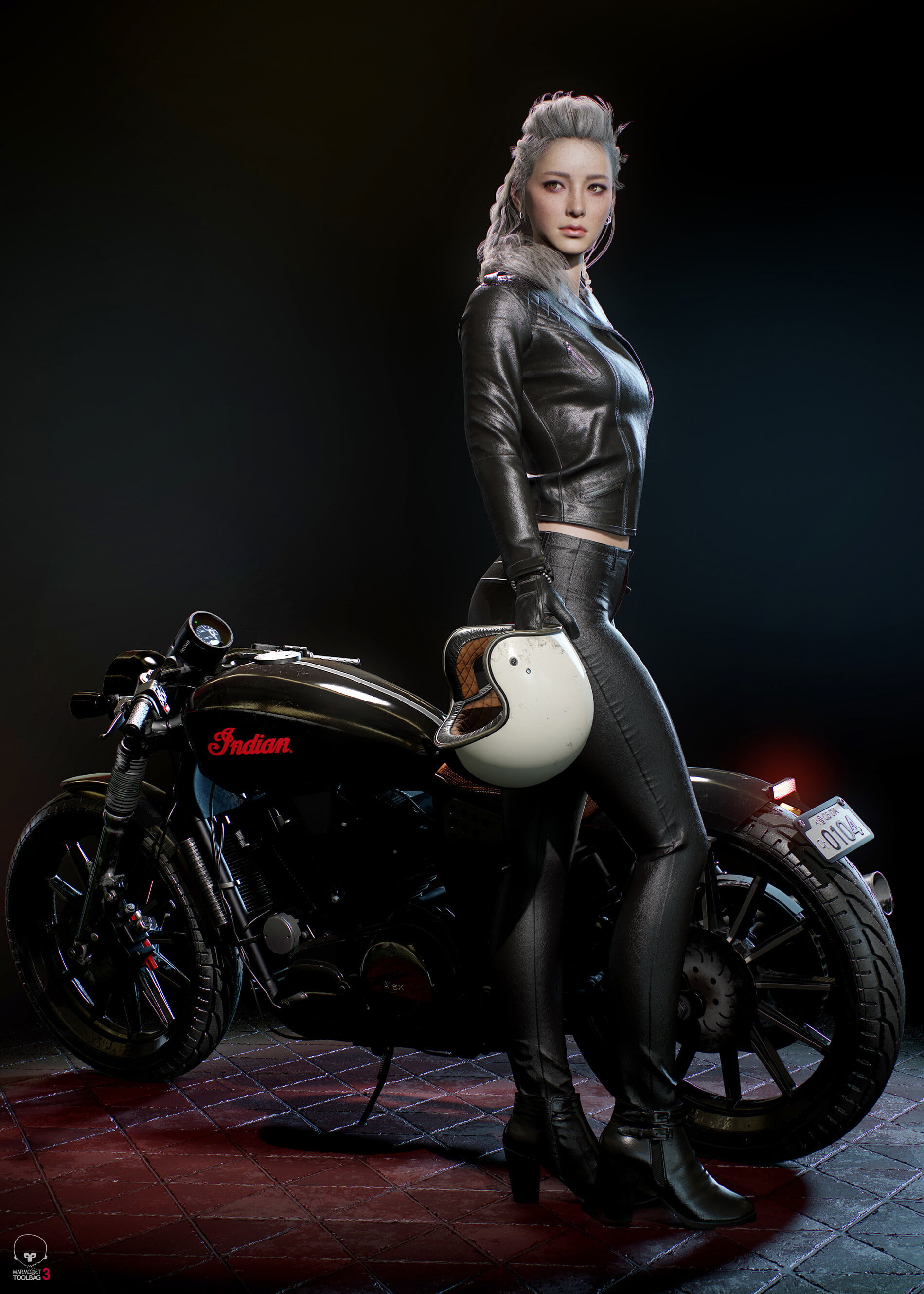 blond hair, motorcycle, helmet, digital art, blonde, 2K, 3d design, Seungmin Kim, 3D, CGI, vehicle, artwork, black clothing, women, Phone HD Wallpaper