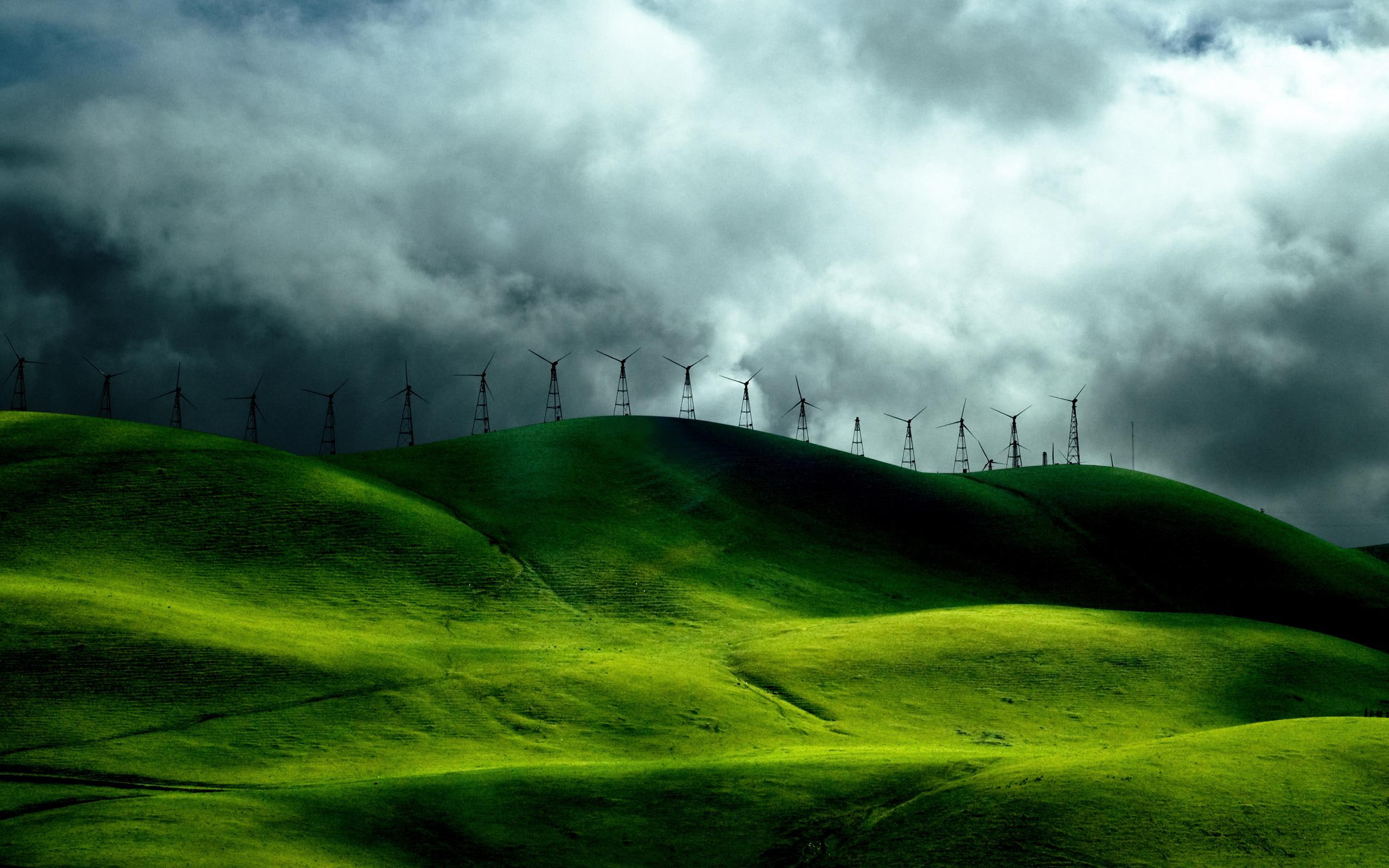 turbine, wind, nature and landscape, 2K, grass, green, fields, HD Wallpaper