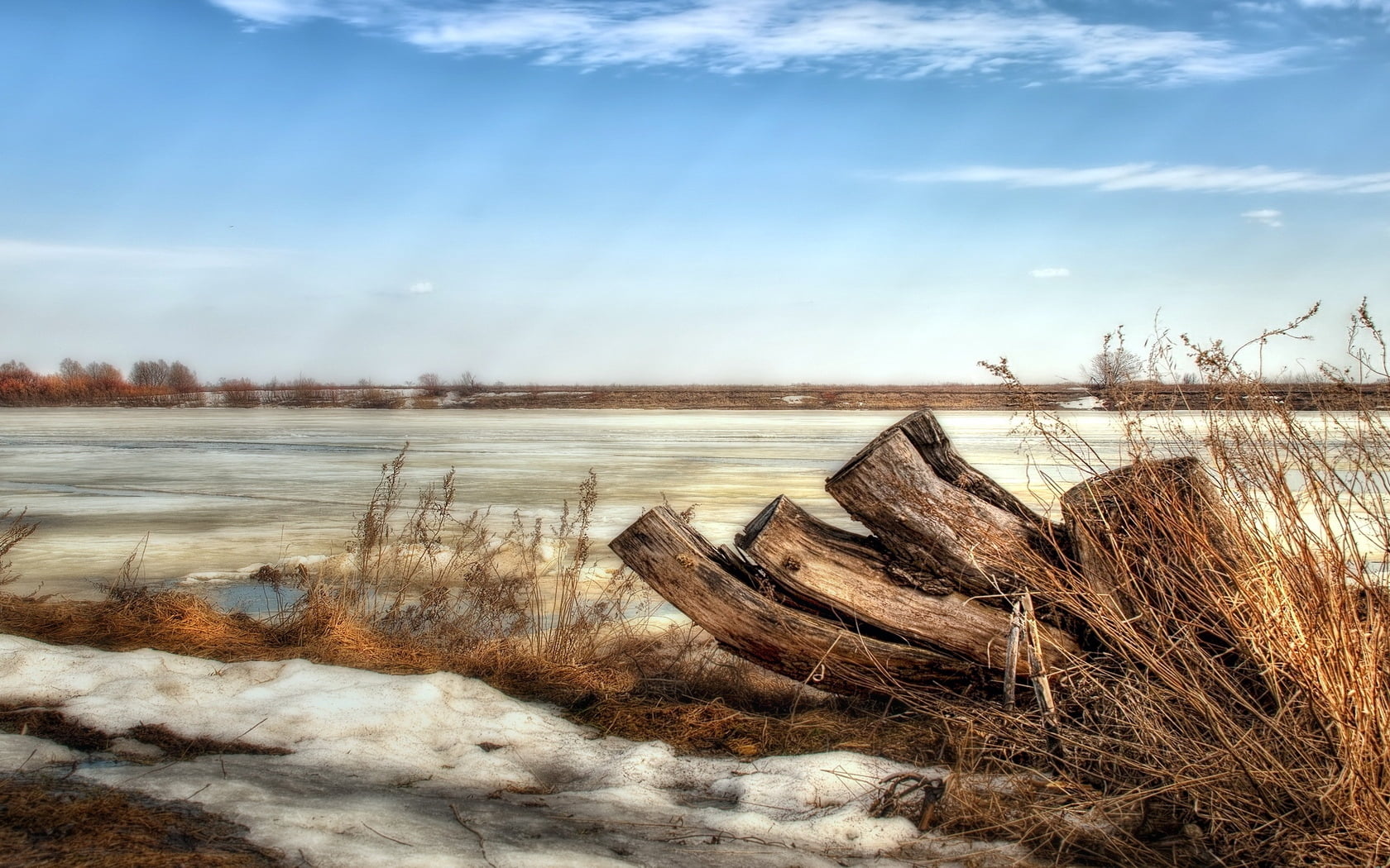 sky, cold temperature, reed - Grass Family, beach, plant, waters Edge, sea, log, autumn, wood - Material, tree, season, water, blue, beauty In Nature, marsh, HD Wallpaper
