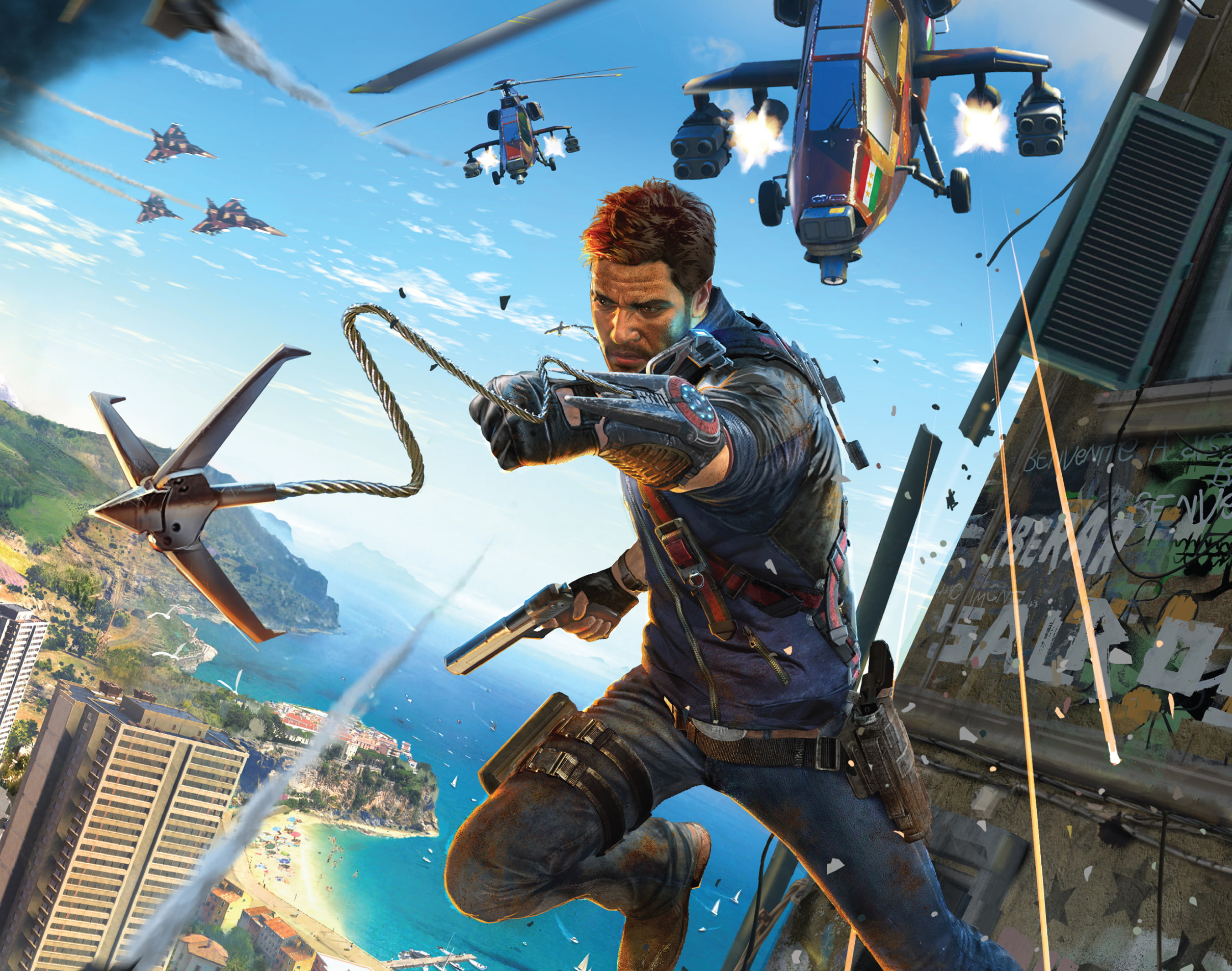 Avalanche Studios, Just Cause 3, hook, weapons, home, helicopter, island, battle, water, the sky, rocket, 2K, the plane, Square Enix, flight, HD Wallpaper