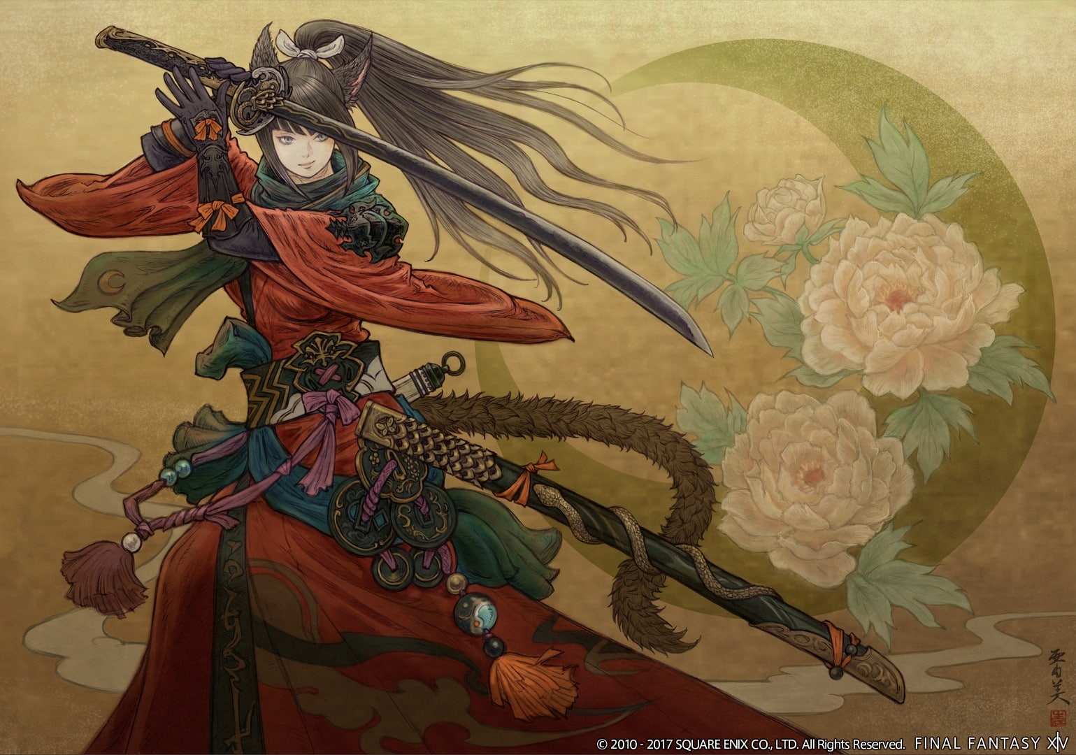 animal, catgirl, final, hair, 720P, gloves, (artist), konachan, watermark, tagme, com, ears, weapon, enix, katana, square, sword, tail, samurai, 247696, HD Wallpaper