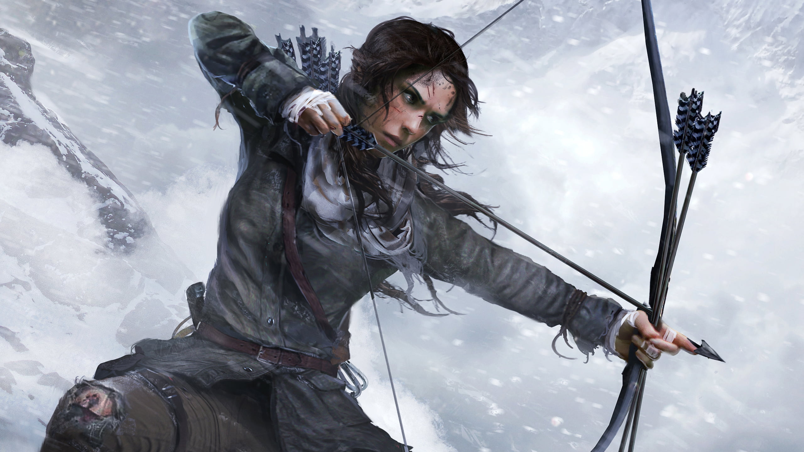 Square Enix, Bow, Girl, nature, outdoors, Arrow, Winter, character, waist up, serious, young men, holding, 2K, female, Rise of the: Tomb Raider, mid adult, HD Wallpaper