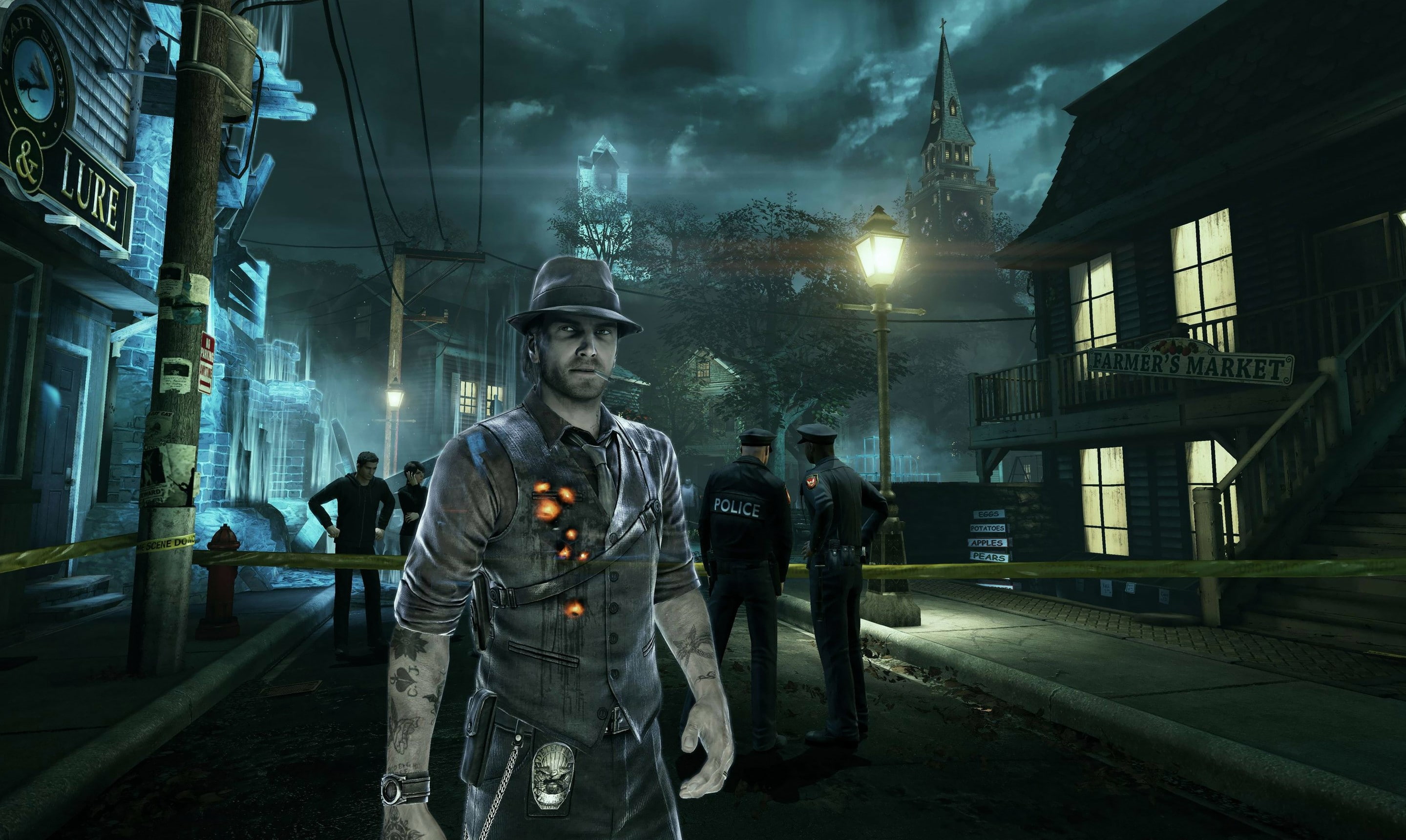 helmet, building, building exterior, night, nature, Murdered soul suspect, three quarter length, architecture, Playstation 4, Xbox one, men, standing, 2K, HD Wallpaper