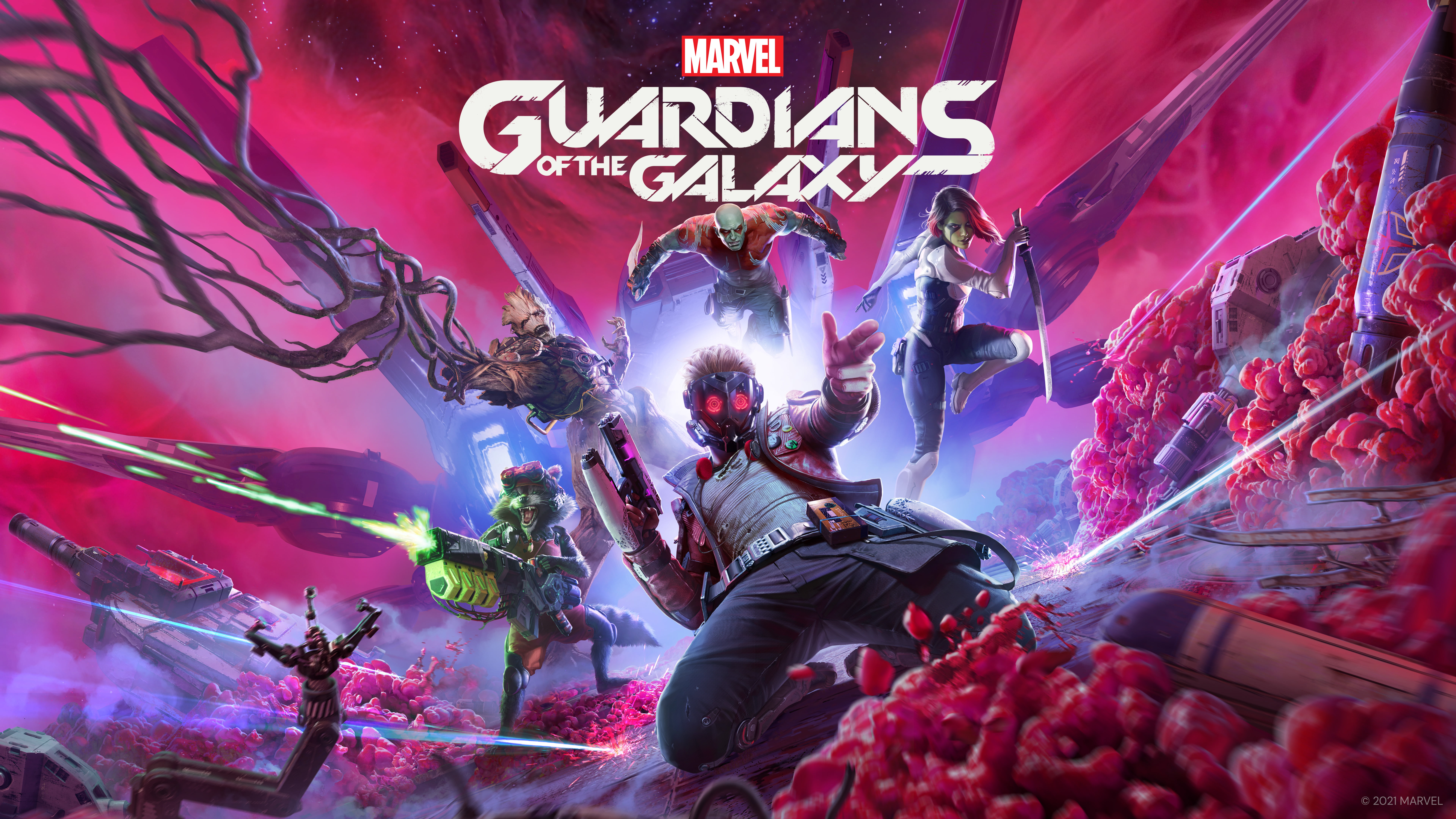 Guardians of the Galaxy (Game), Square Enix, Groot, Gamora, Marvel Comics, 8K, Drax the Destroyer, Rocket Raccoon, 4K, Star Lord, HD Wallpaper