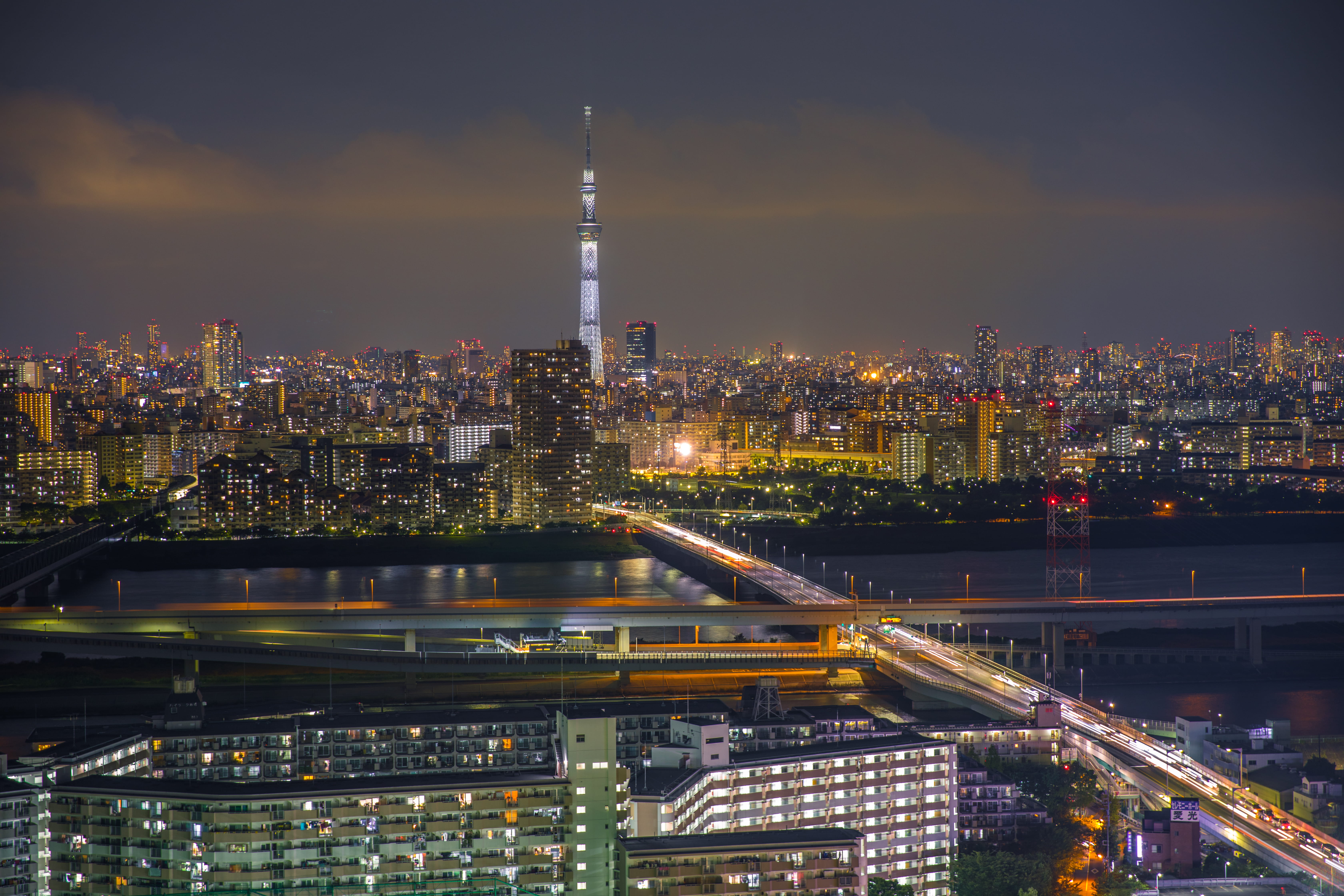illuminated, building exterior, modern, 5K, travel destinations, long exposure, tower, financial district, tower hall funabori, high angle view, architecture, HD Wallpaper