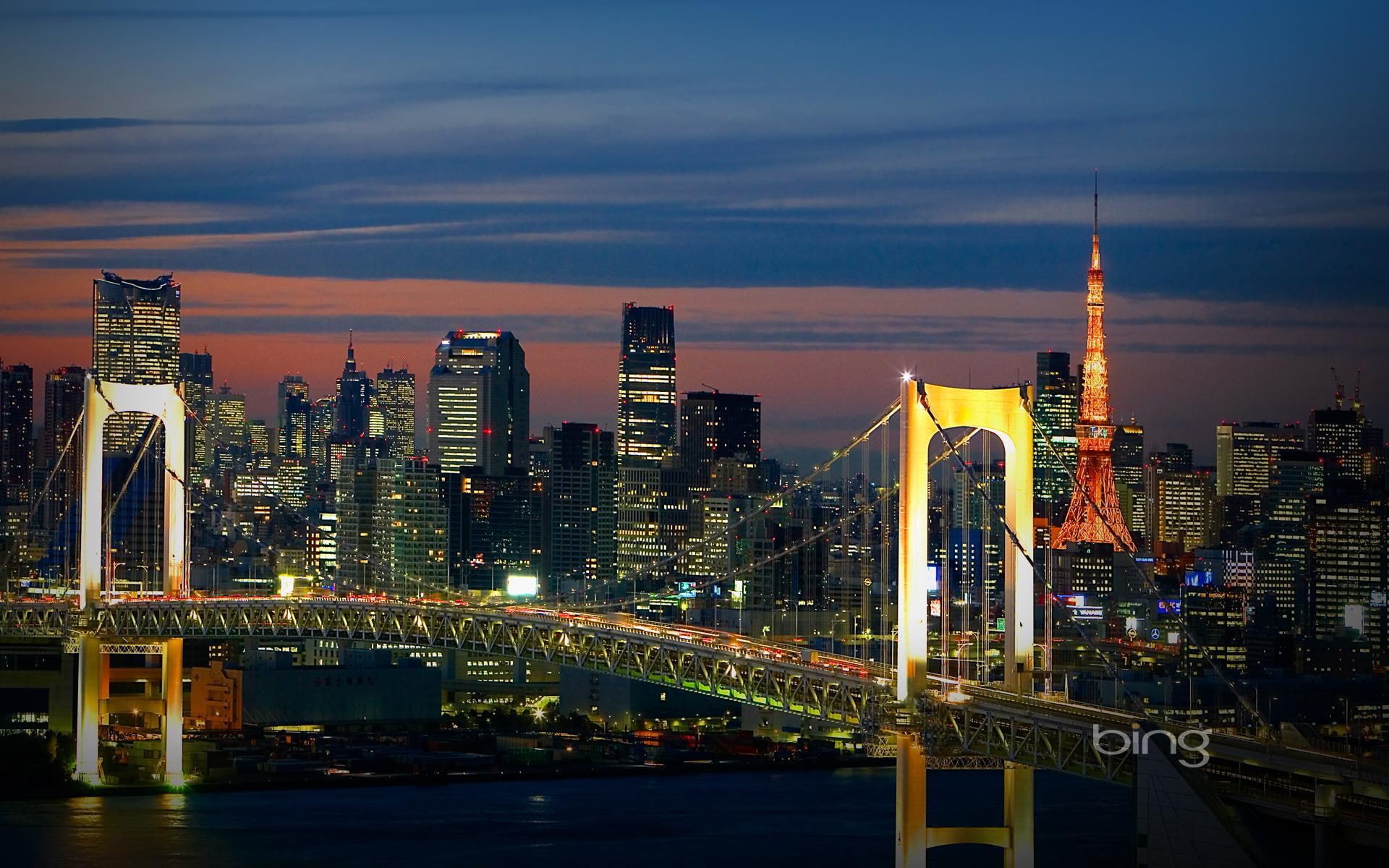 tokyo, best, rainbow, windows7theme, bing, tower, 1080P, bridge, time, lighted, night, animals, HD Wallpaper