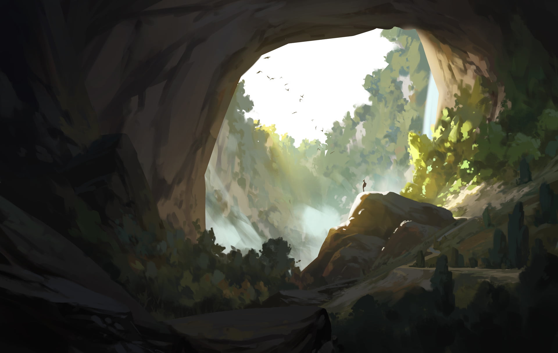 1080P, forest, drawing, environment, cave, HD Wallpaper