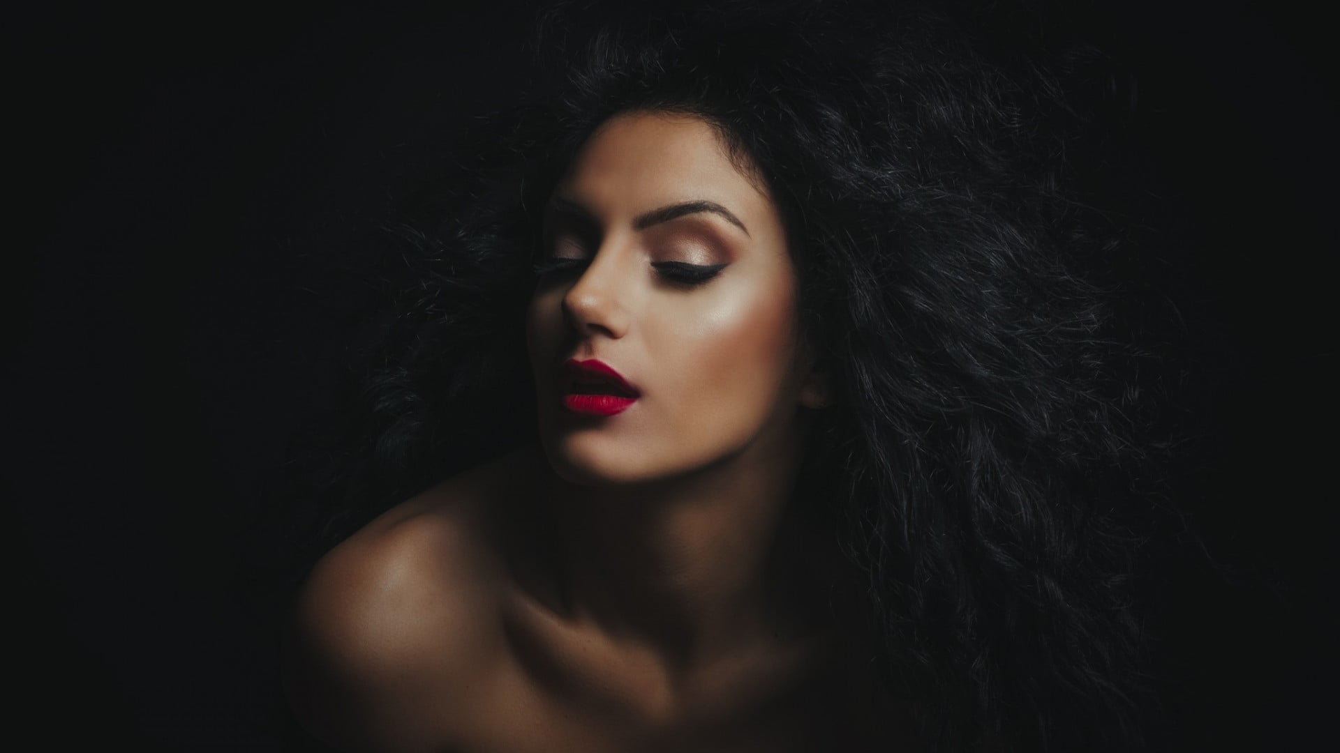 brunette, portrait, long hair, lipstick, make-up, curly hair, fashion, adult, model, hairstyle, dark, young adult, contemplation, studio shot, indoors, HD Wallpaper