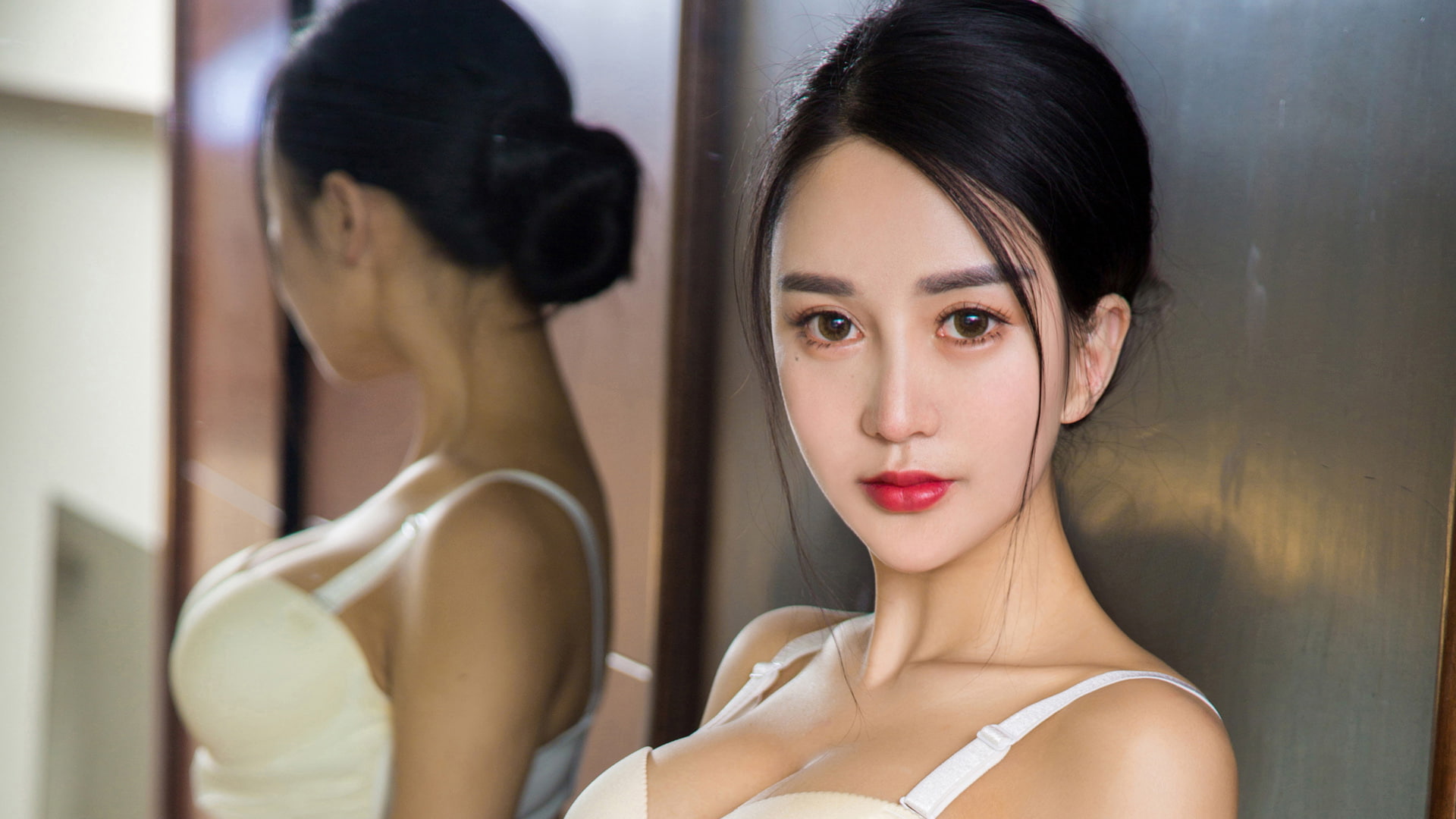 dark hair, red lipstick, portrait, photography, Asian, women, 1080P, reflection, mirror, model, HD Wallpaper