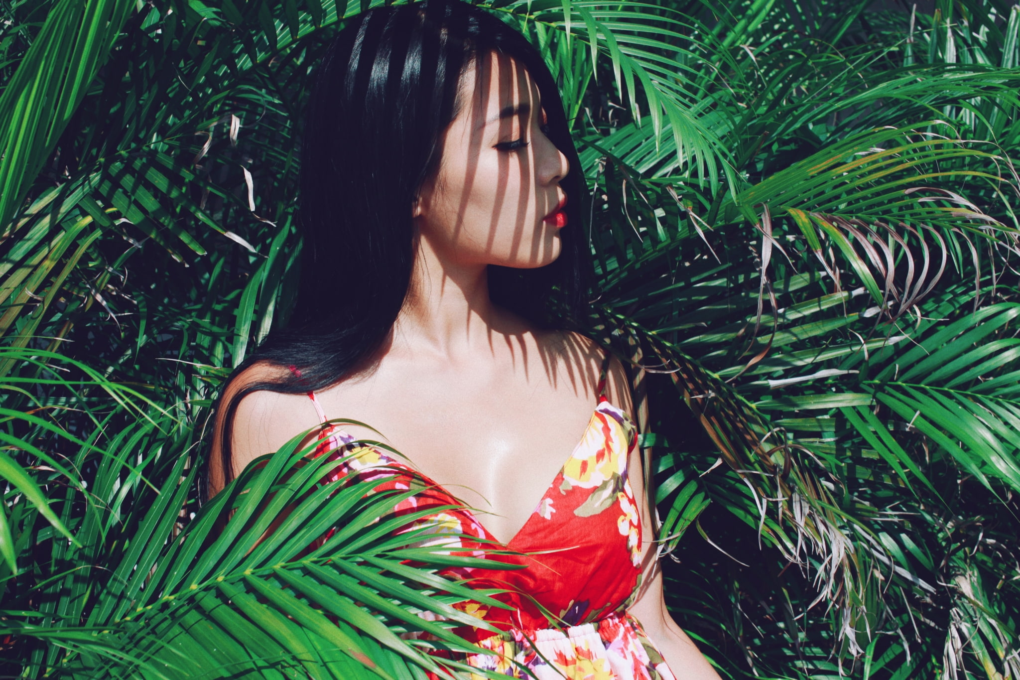 dress, outdoors, leaf, off shoulder, nature, plant part, red lipstick, adult, waist up, contemplation, model, beautiful woman, beauty, portrait, Asian, HD Wallpaper