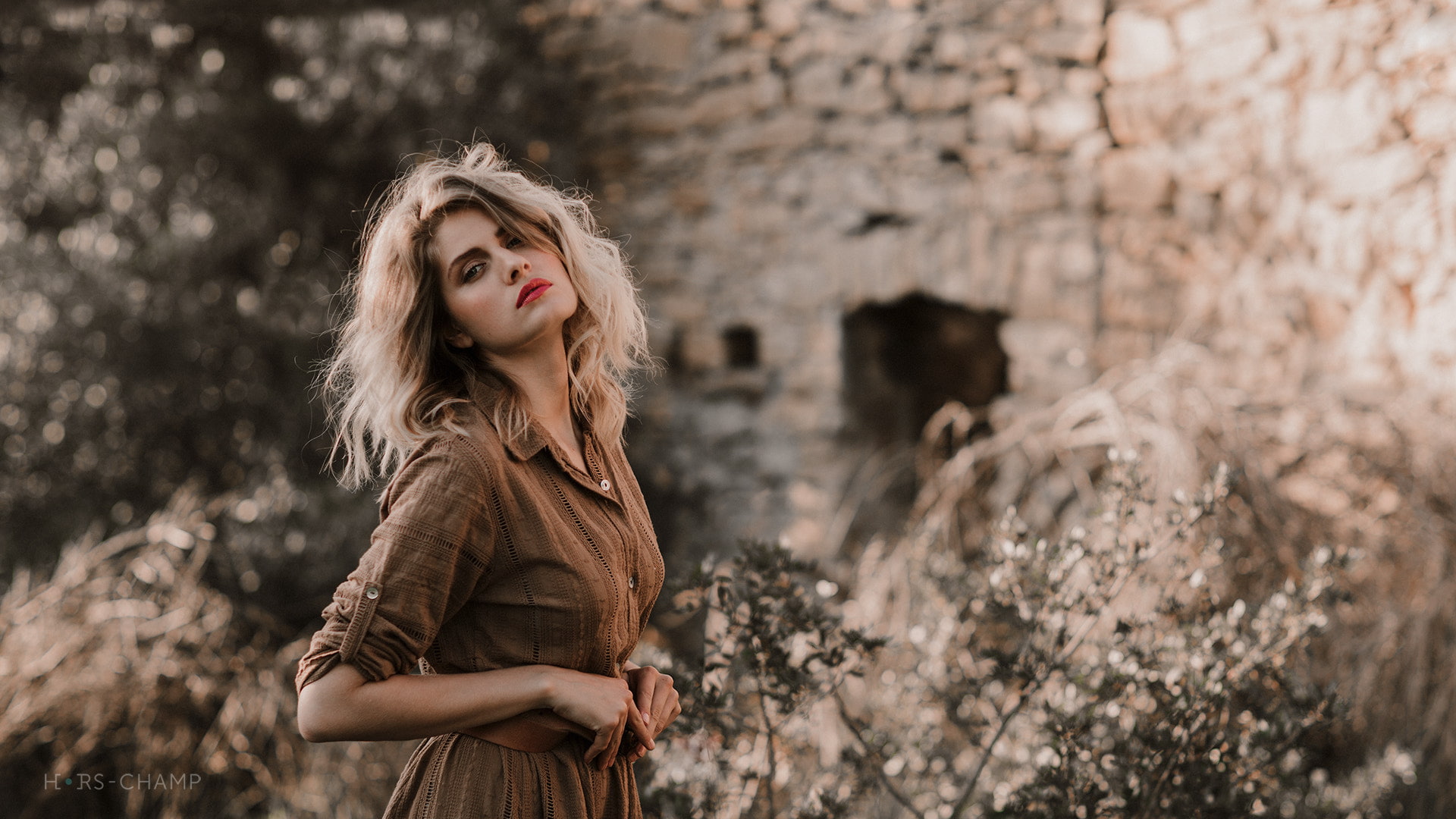 face, long hair, red lipstick, women outdoors, dark eyes, bokeh, brunette, standing, portrait, women, dress, 1080P, HD Wallpaper