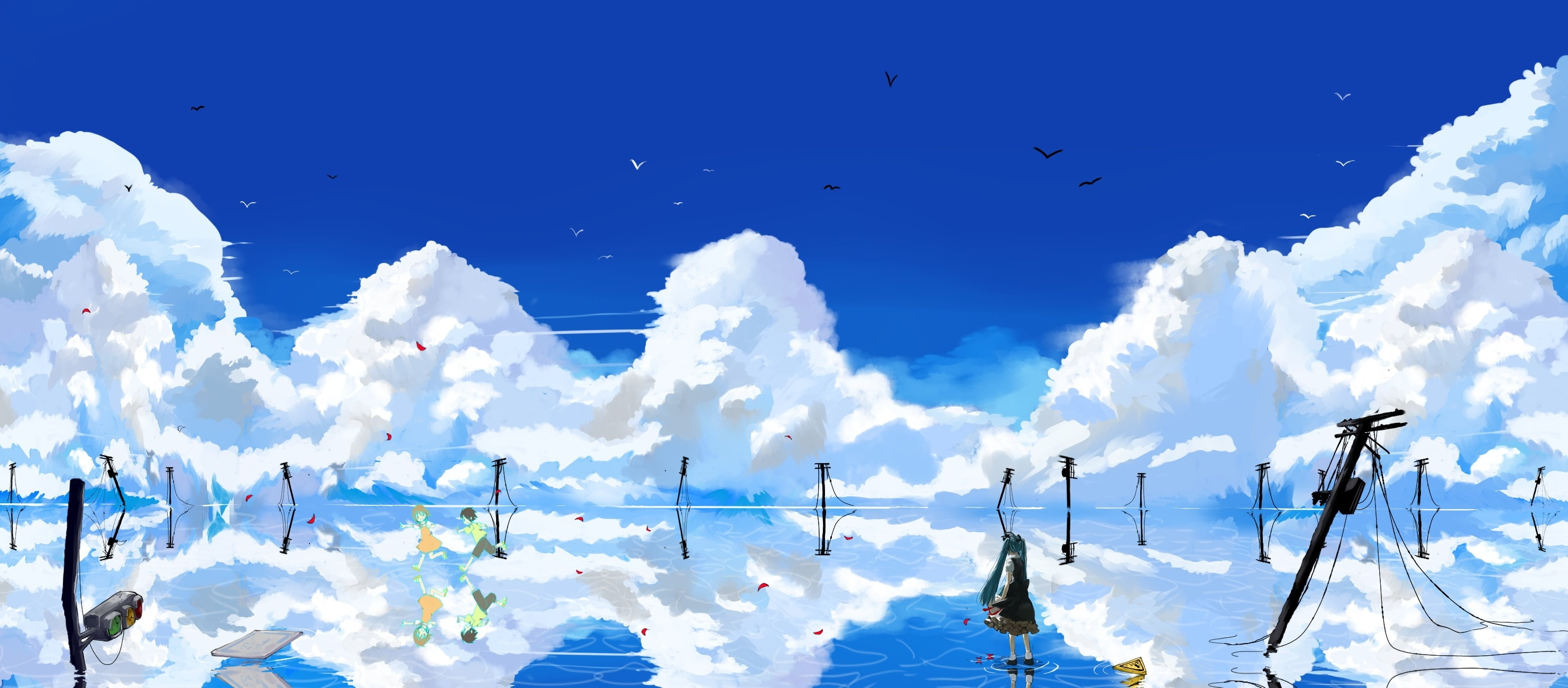 twintails, landscapes, blue, Abstract, hatsune, reflections, 2K, hd, sky, nature, water, miku, art, clouds, fantasy, vocaloid, anime, HD Wallpaper