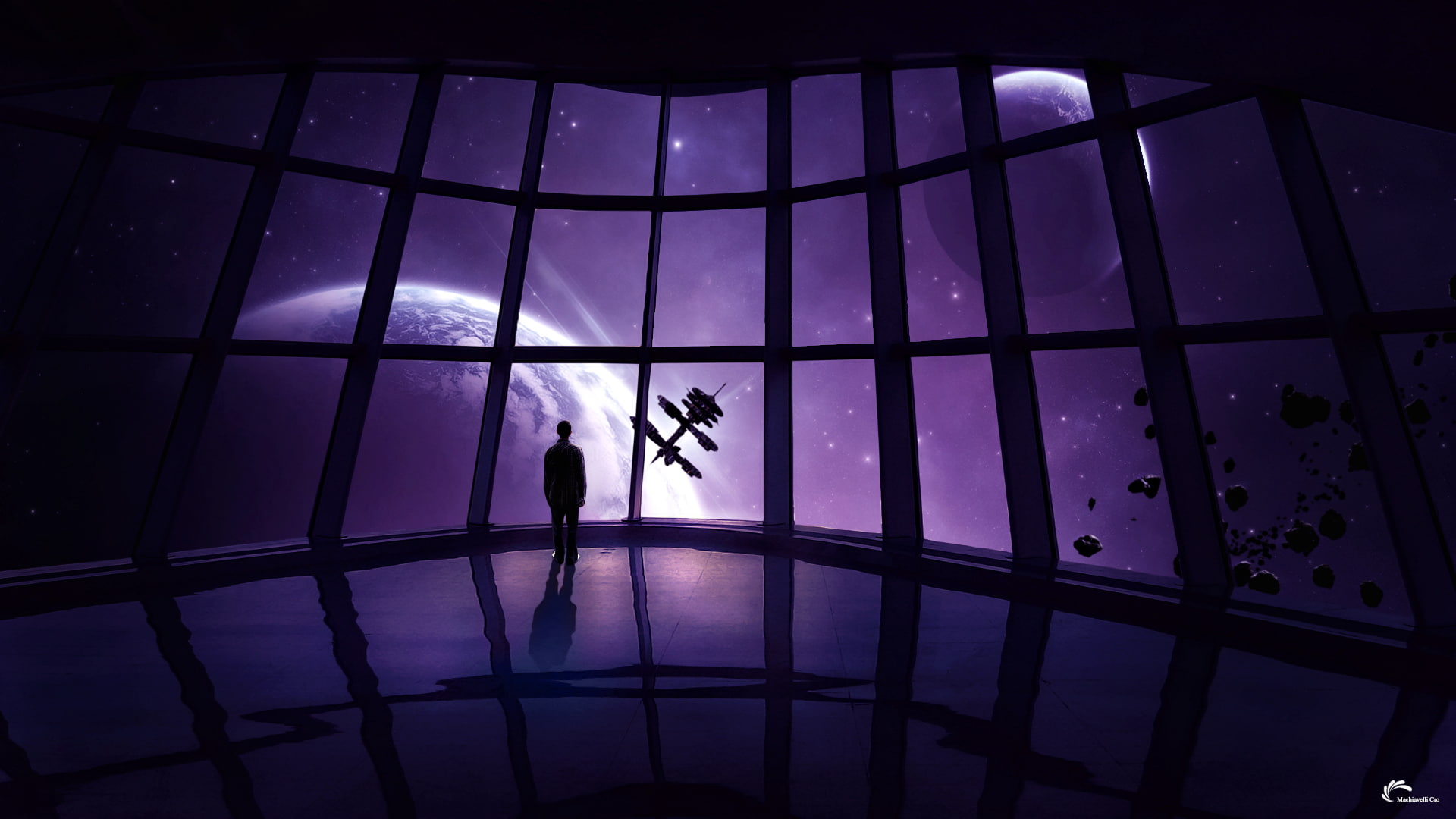 purple, spacecraft, sci, stars, window, glass, satellite, futuristic, art, fiction, dark, artistic, planets, moon, 1080P, people, science, spaceship, HD Wallpaper