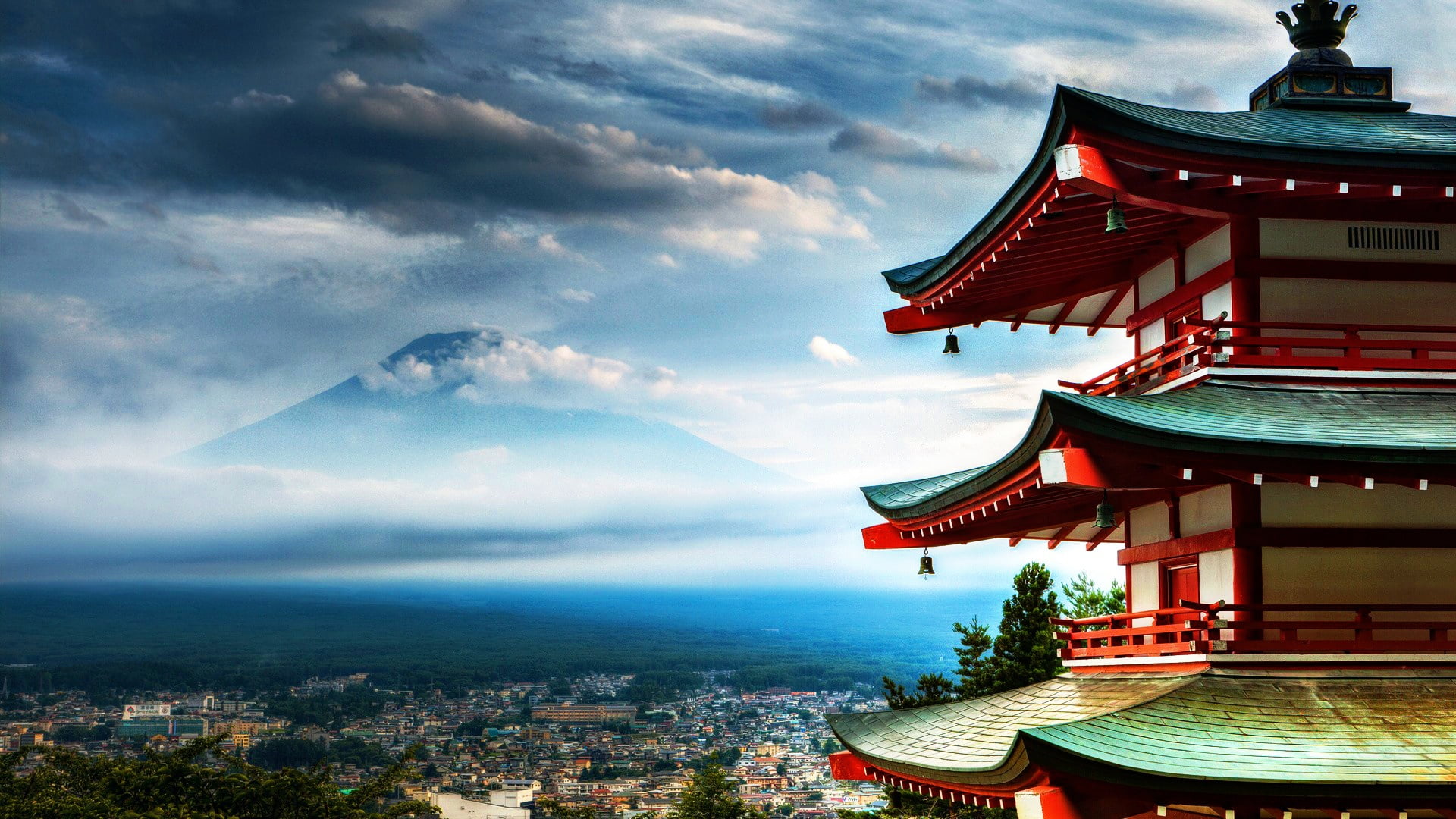 Senso-ji supplied with, panorama of the city, Fuji Mountain, Japan, Fuji, pagoda of Senso-JI temple, 1080P, HD Wallpaper