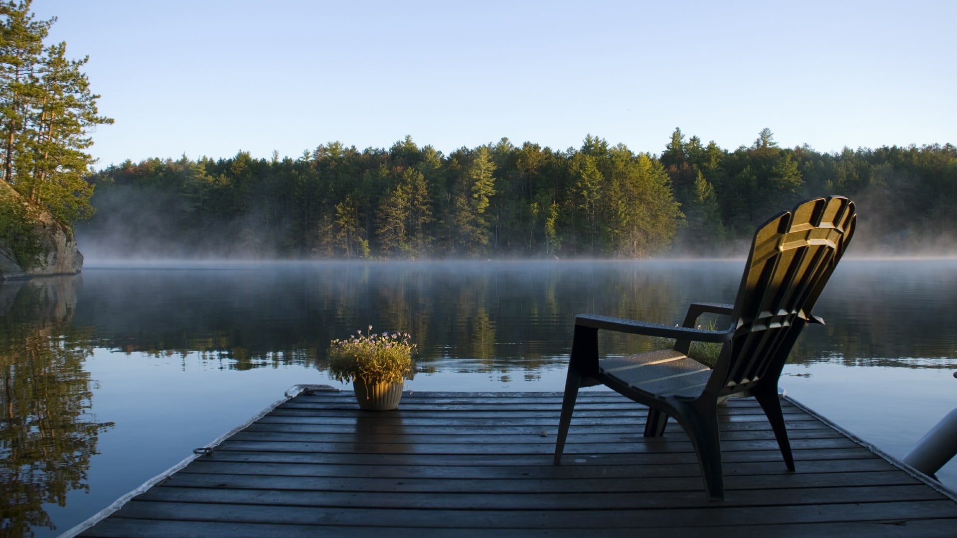 scenics - nature, relax, beauty in nature, tree, outdoors, lake, wood - material, mist, 1080P, terrace, day, water, overwater, sky, chair, absence, non-urban scene, HD Wallpaper