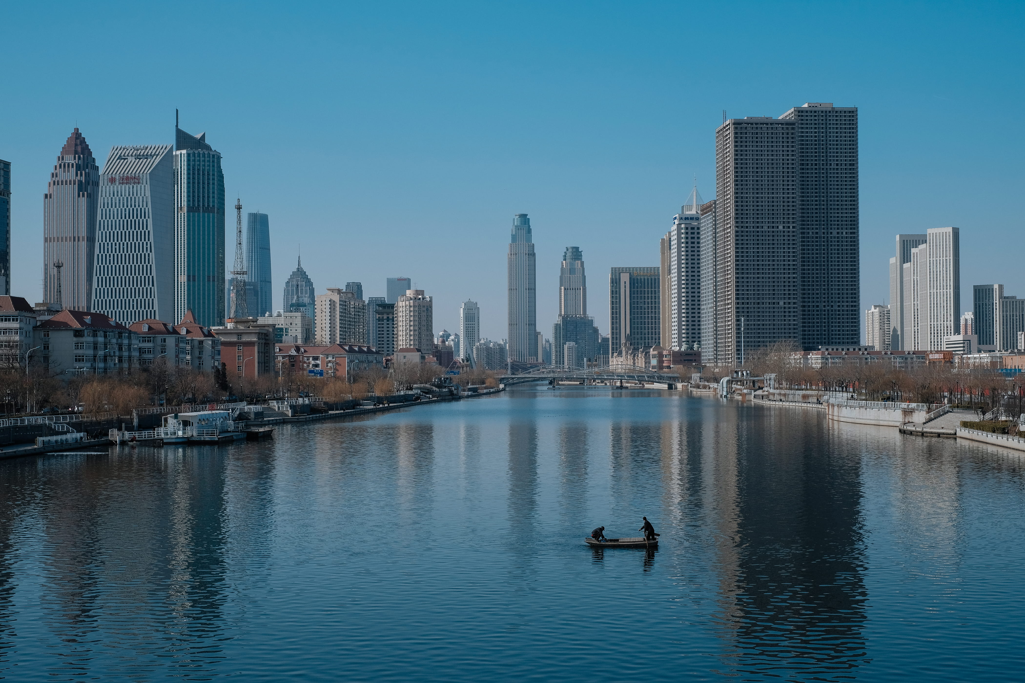 city, river, urban skyline, boat, sky, no people, nature, built structure, waterfront, tianjin, building, office, outdoors, landscape, tall - high, cityscape, HD Wallpaper