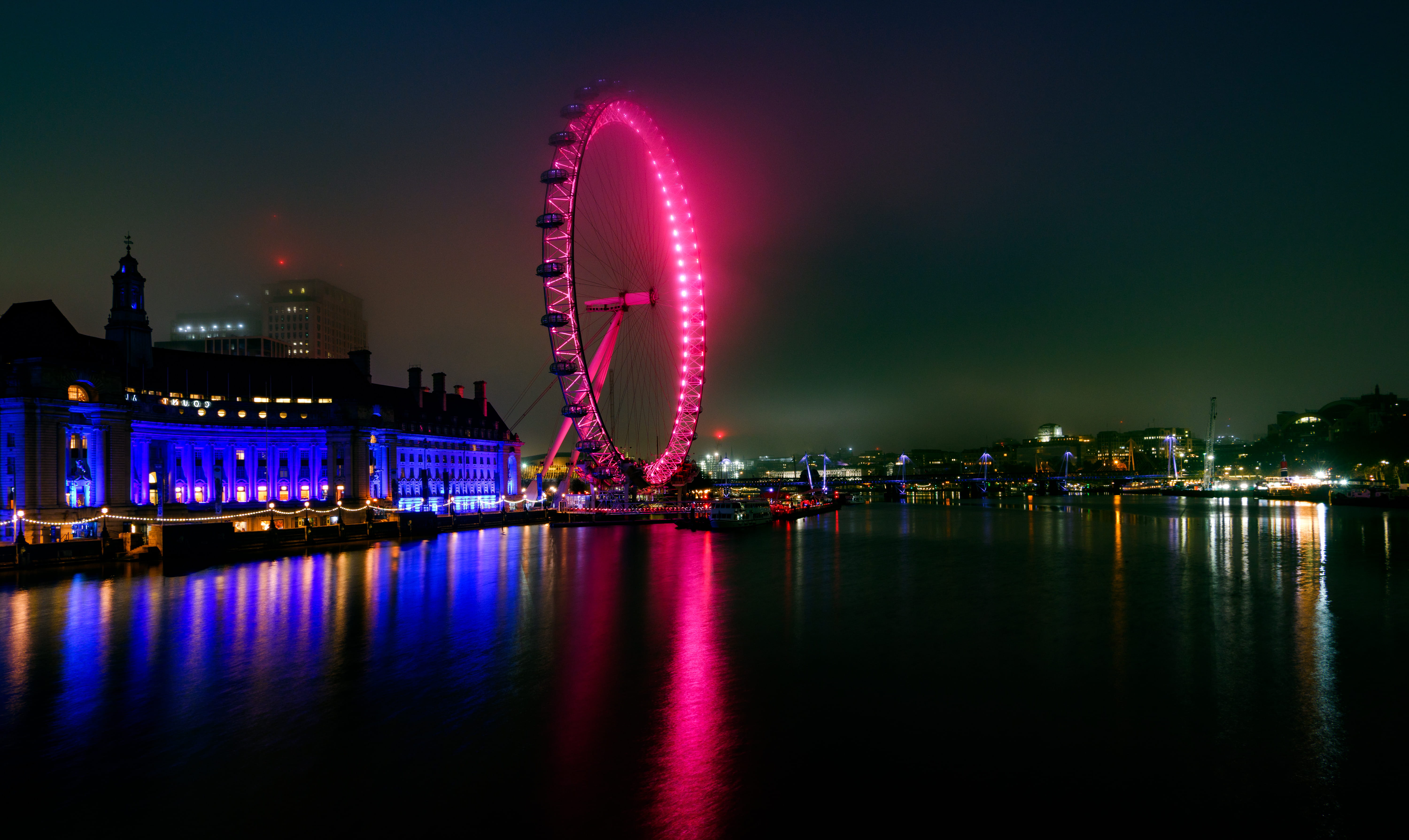 architecture, 5K, pier, outdoors, machine, urban, amusement park, nature, eye, night, city, built structure, sky, waterfront, lighting, building, river, HD Wallpaper