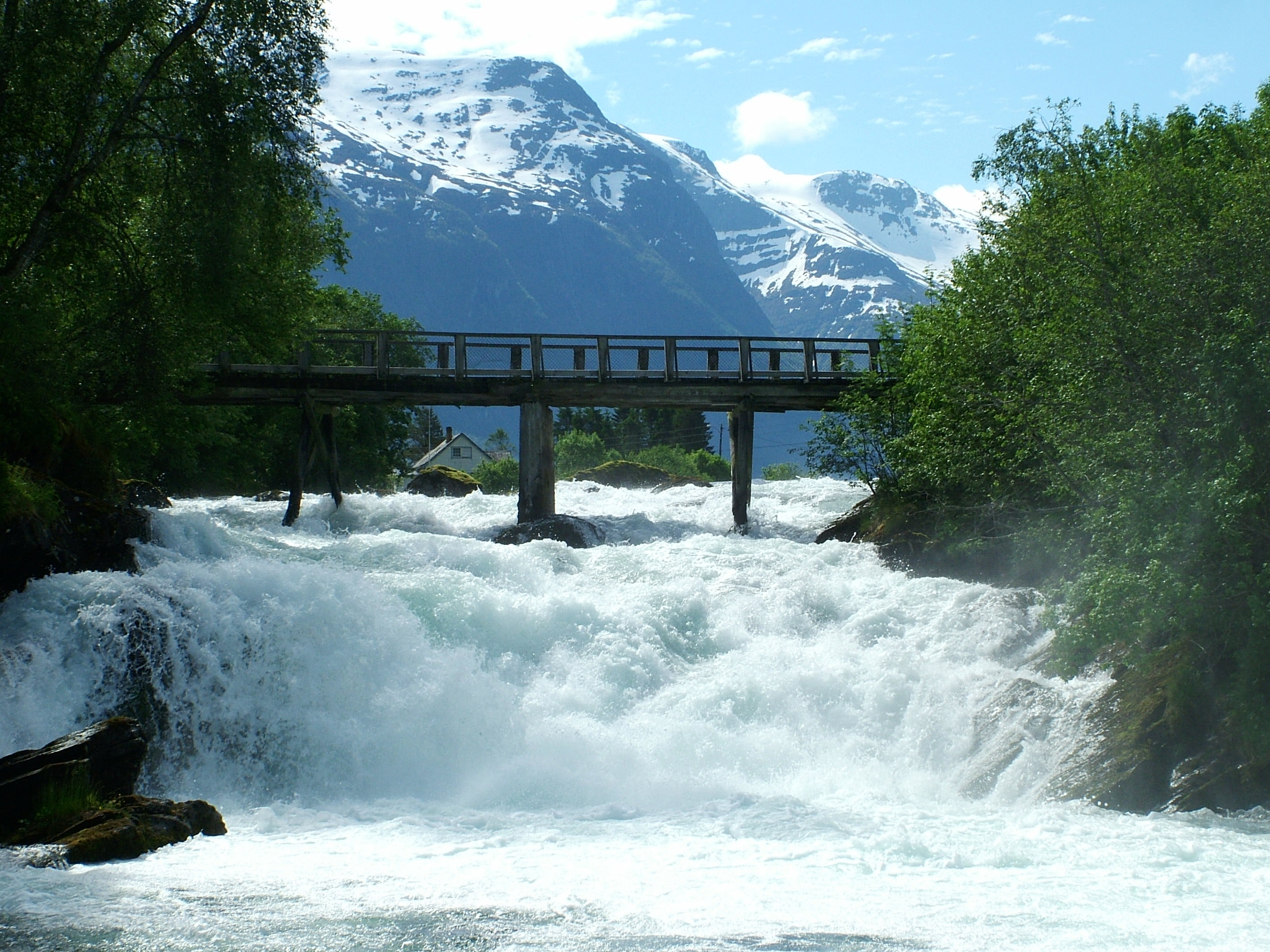 raging, daytime, outdoors, landscape, raging river, NORWAY, water, mountain, concrete, scenics, 2K, bridge, river, nature, waterfall, FUJI, S7000, HD Wallpaper
