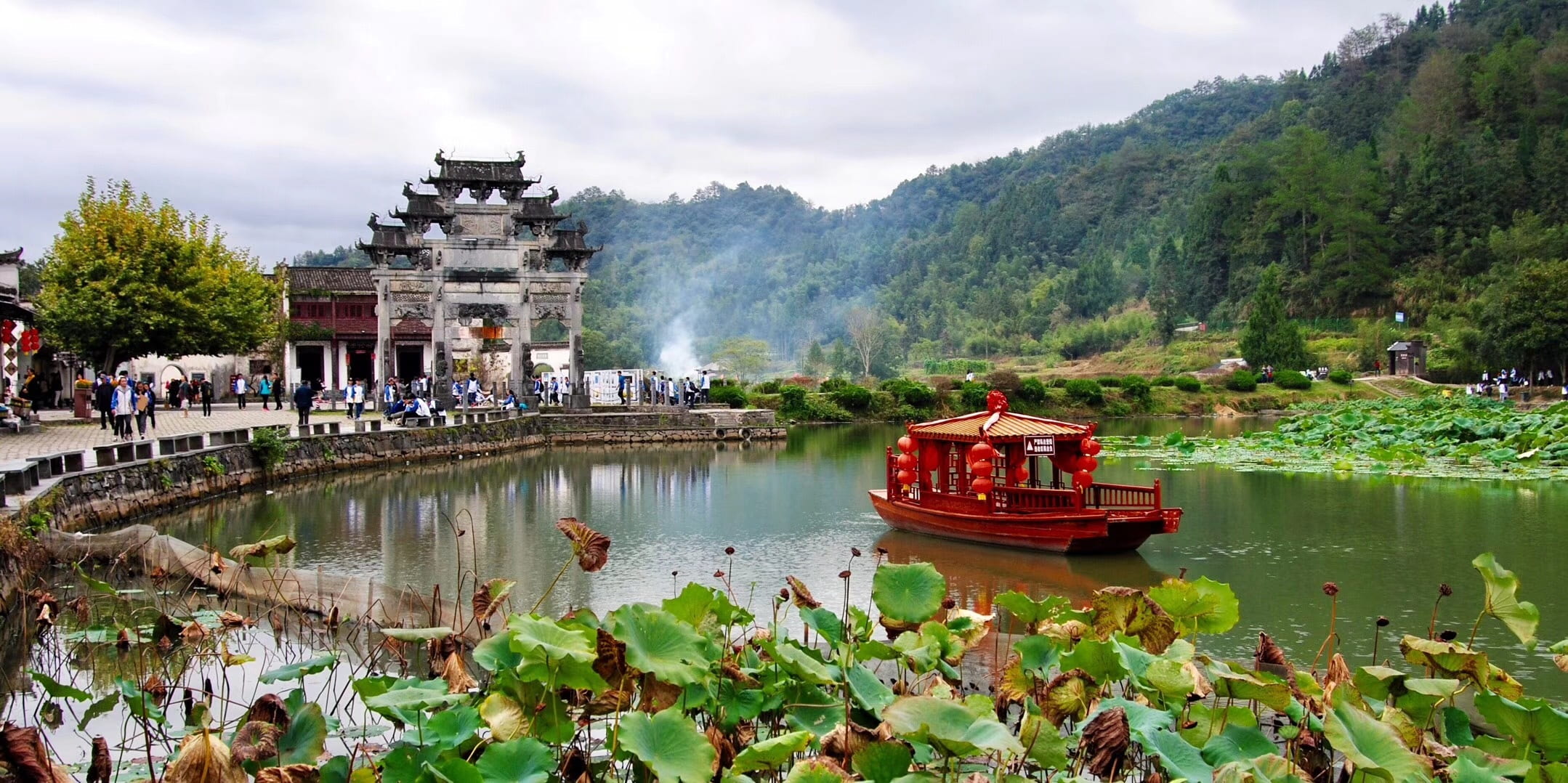 cloud - sky, sky, building exterior, nature, building, village, outdoors, plant, 1080P, travel, travel destinations, zhejiang, tourism, river, religion, HD Wallpaper