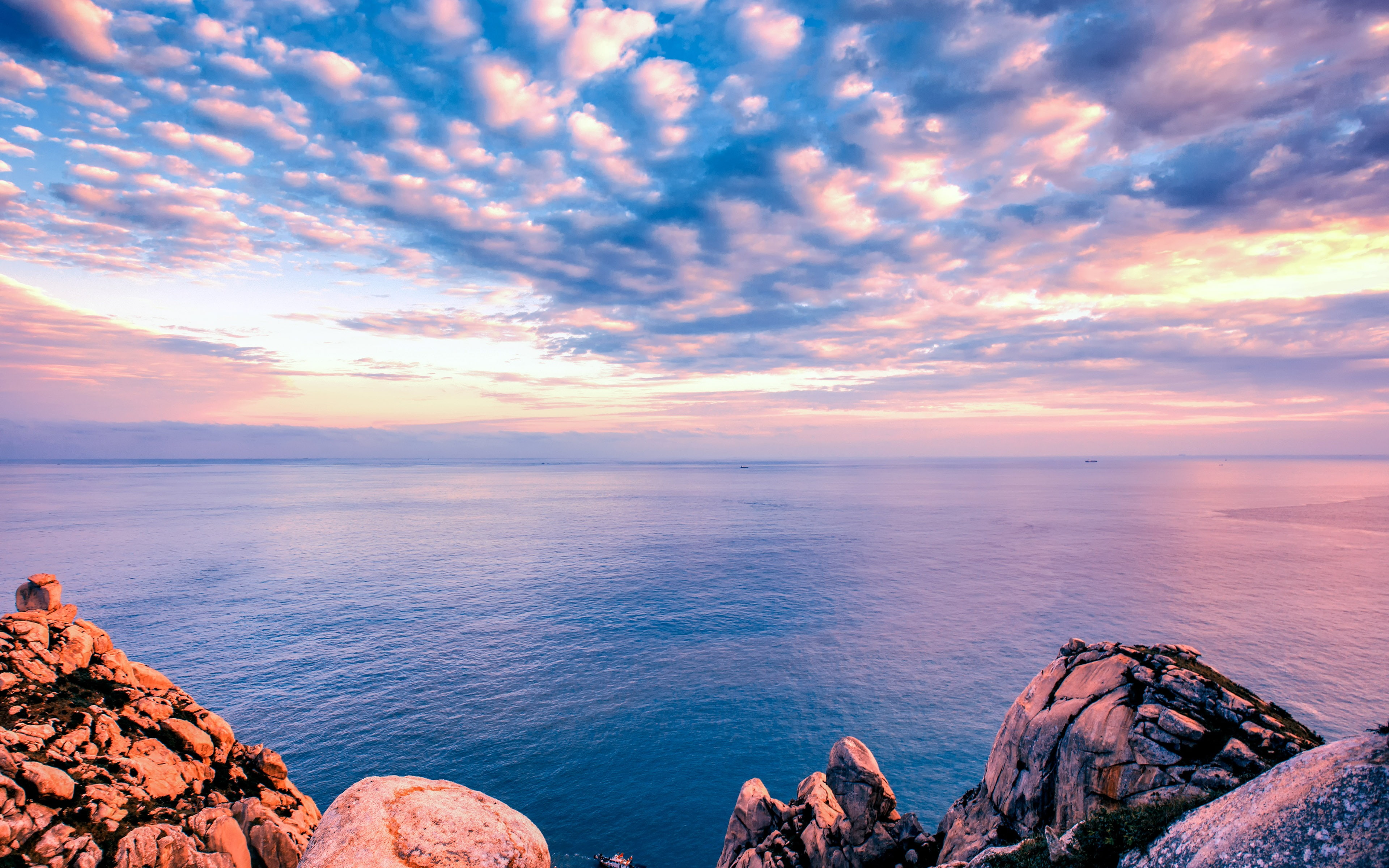 sunset, sea, sky, solid, water, tranquility, beauty in nature, island, coast, rock - object, horizon over water, rock, outdoors, dongji, tranquil scene, HD Wallpaper